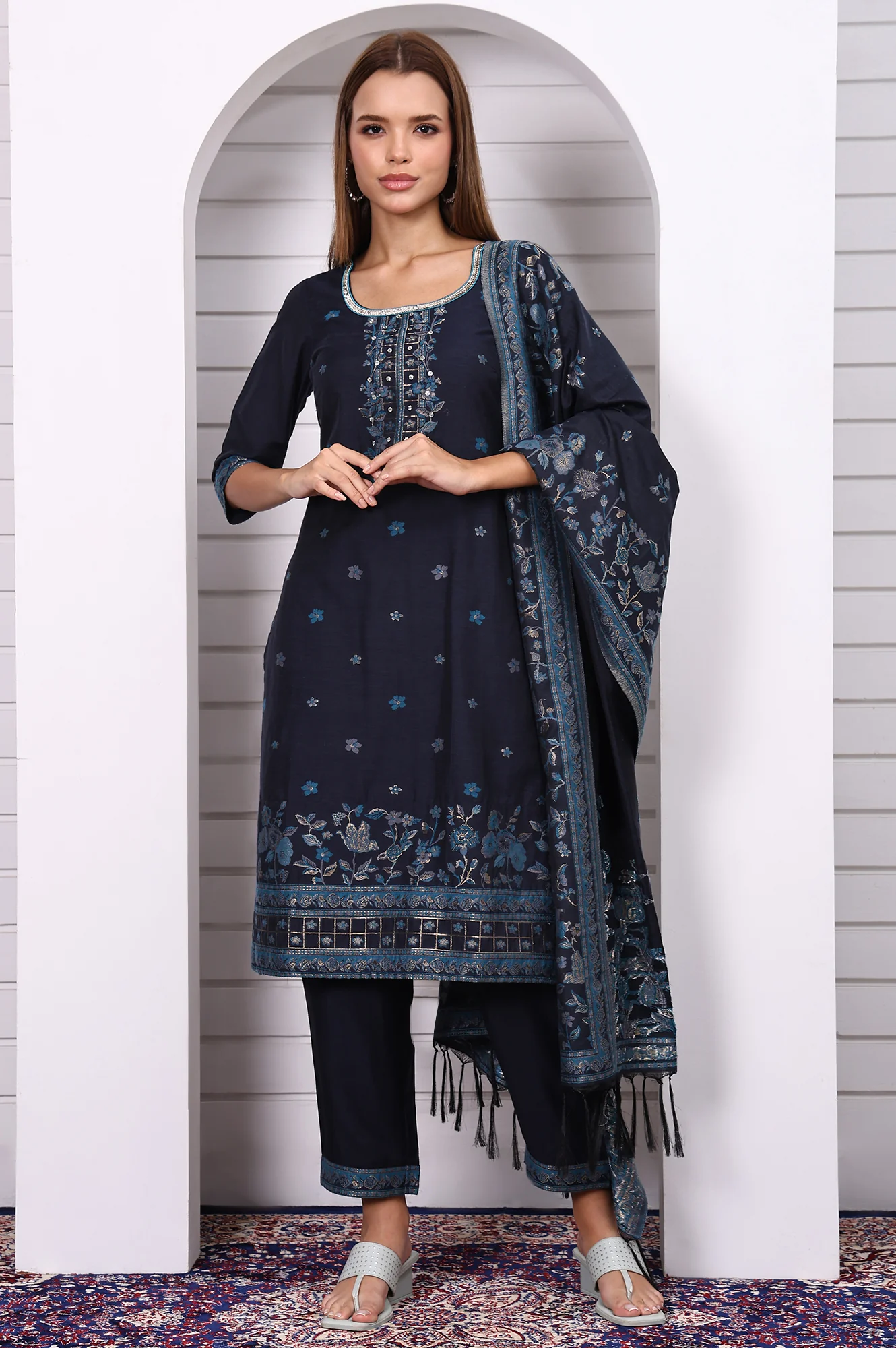 Blue Ethnic Motifs Printed Hand Work Jacquard Straight Kurta, Palazzo and Dupatta Set - Image 2