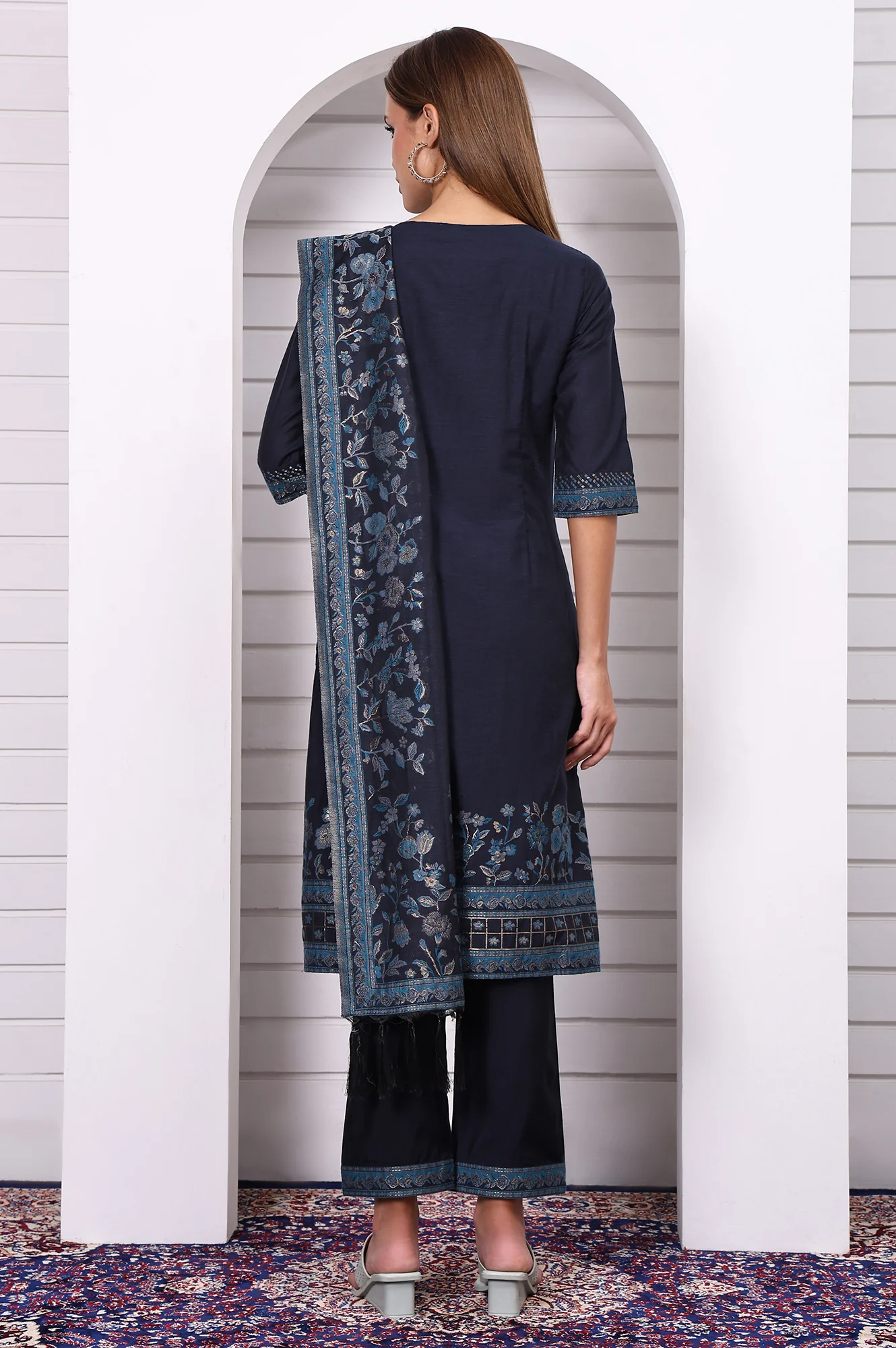 Blue Ethnic Motifs Printed Hand Work Jacquard Straight Kurta, Palazzo and Dupatta Set - Image 5