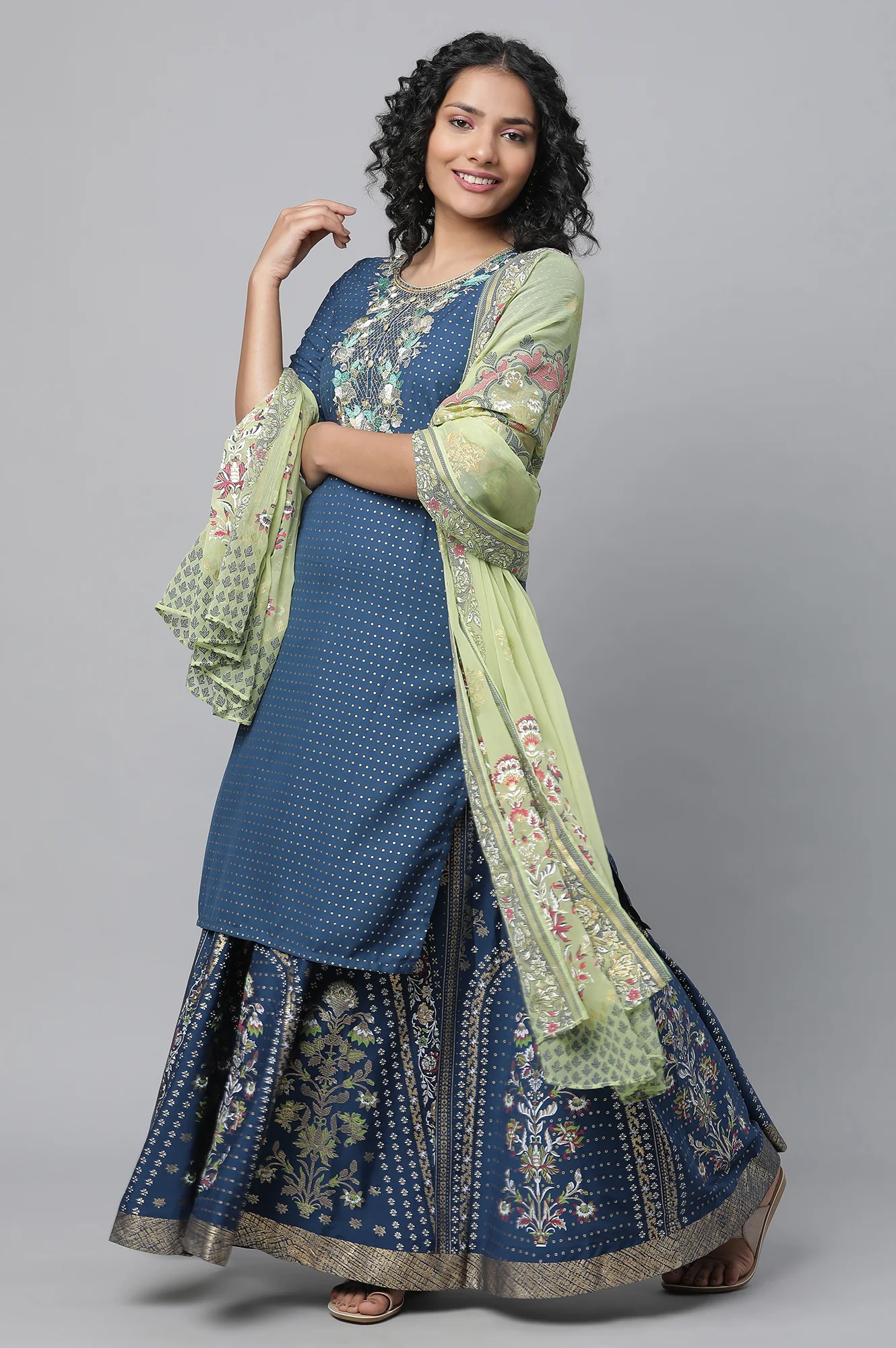 Blue Festive kurta, Skirt & Dupatta Set - Image 5