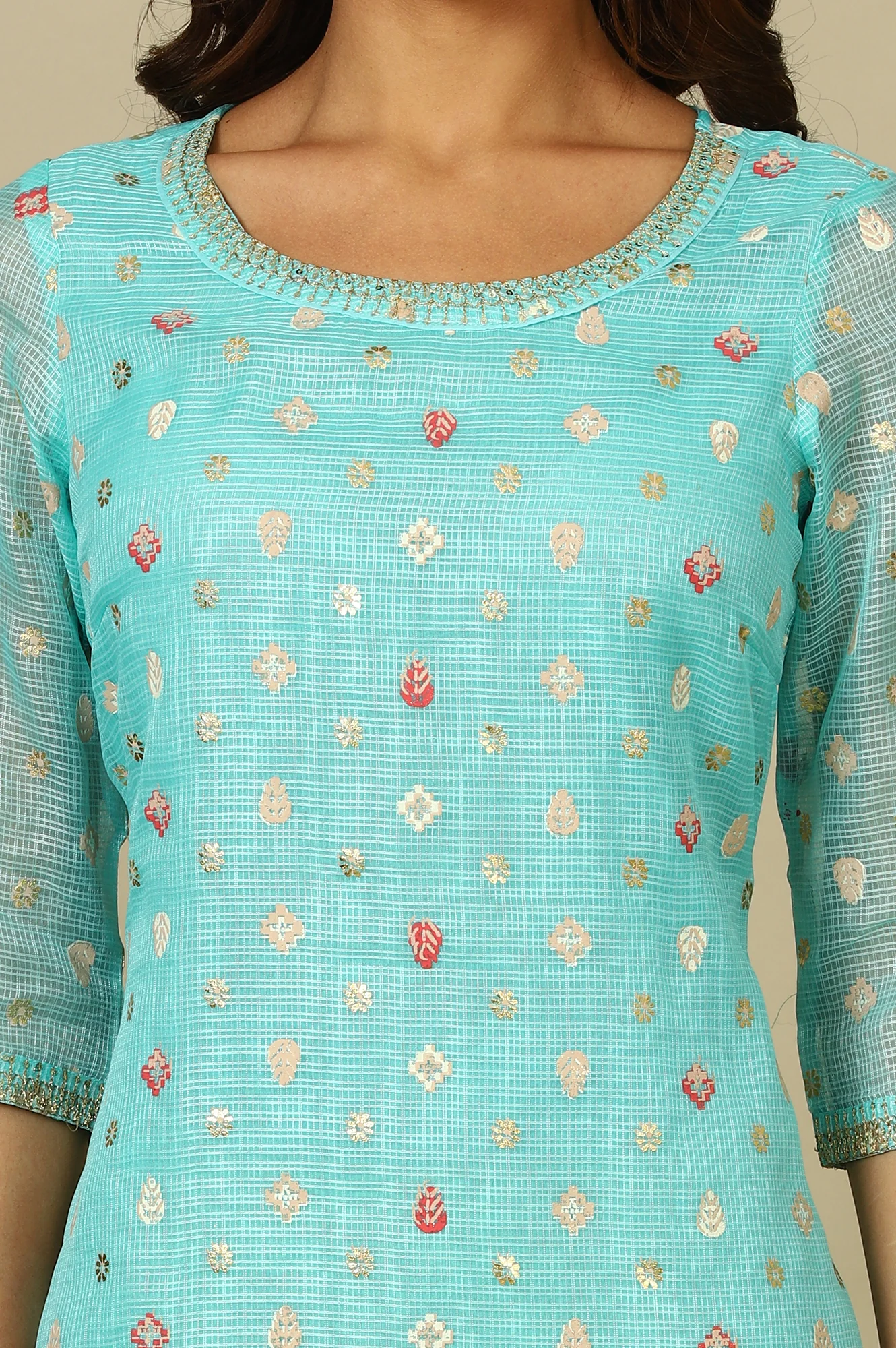 Blue Floral All-Over Print Sequined Straight Kota Kurta - Image 3