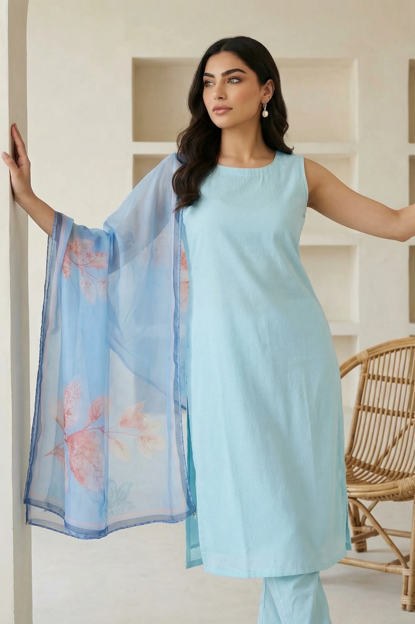 Blue Floral Foil Printed Chiffon Dupatta - Image 5