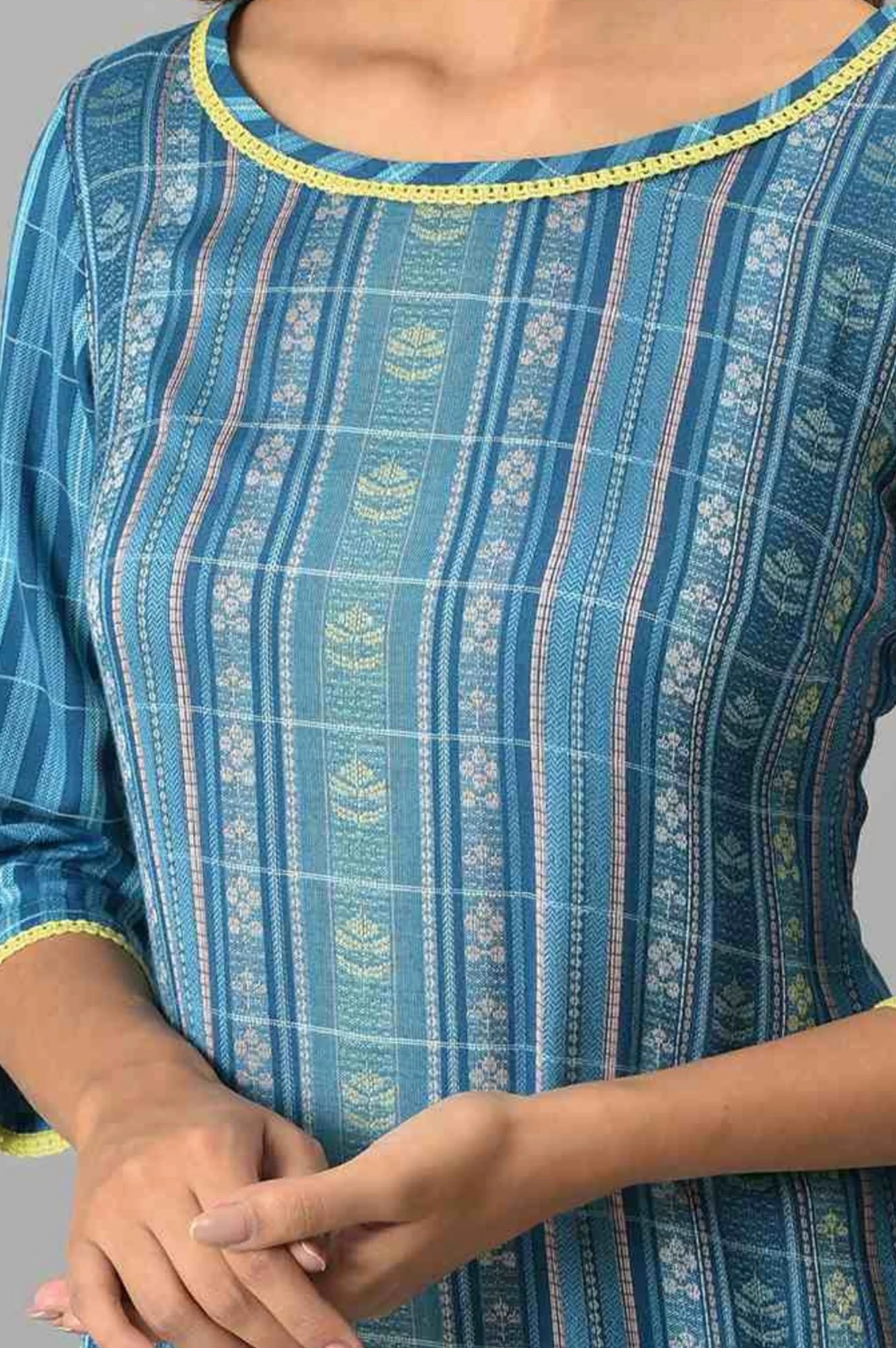 Blue Floral Motifs Dobby Straight Kurta - Image 2