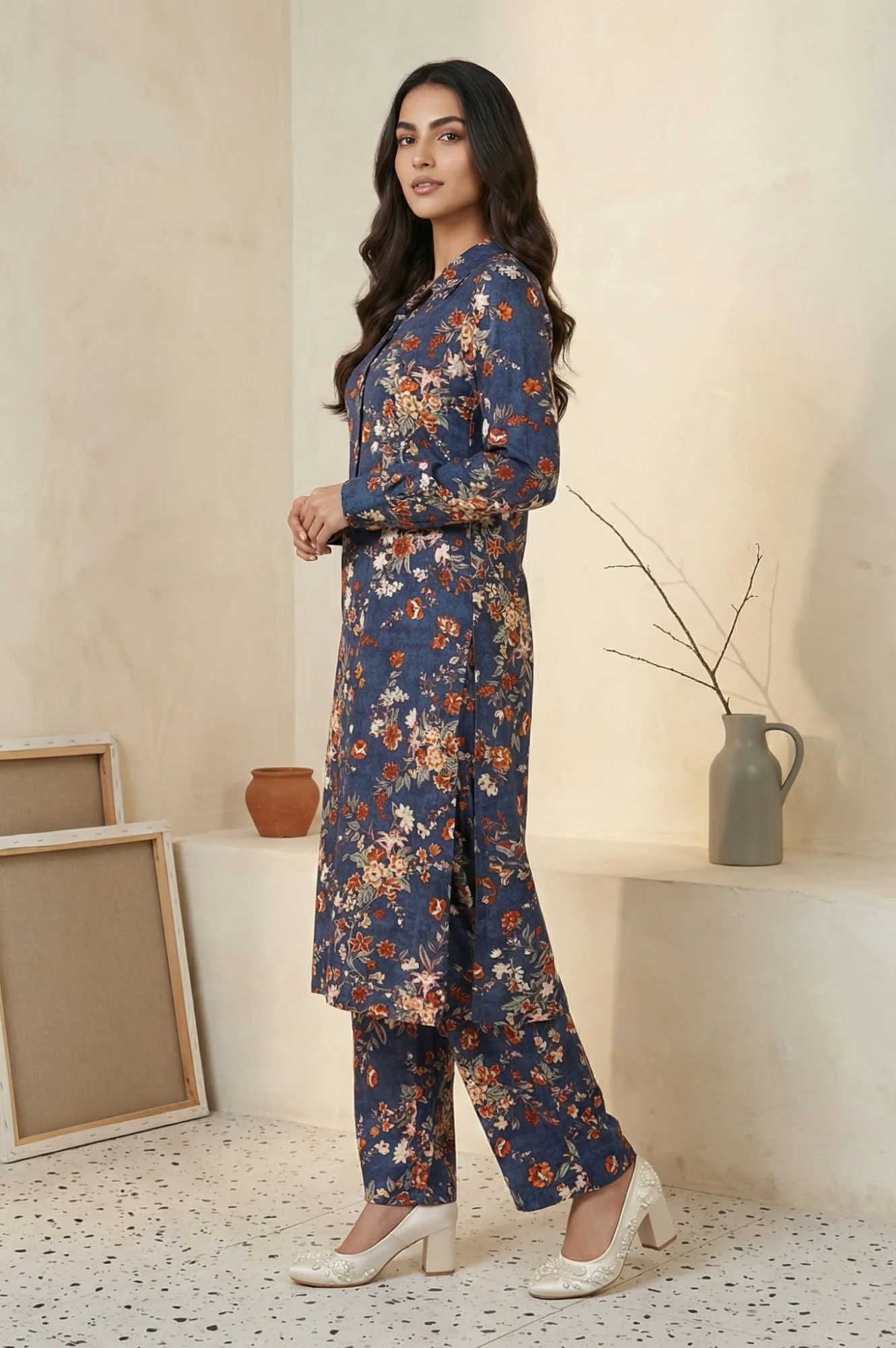 Blue Floral Print Straight Kurta with Palazzo Co-ord Set - Image 2