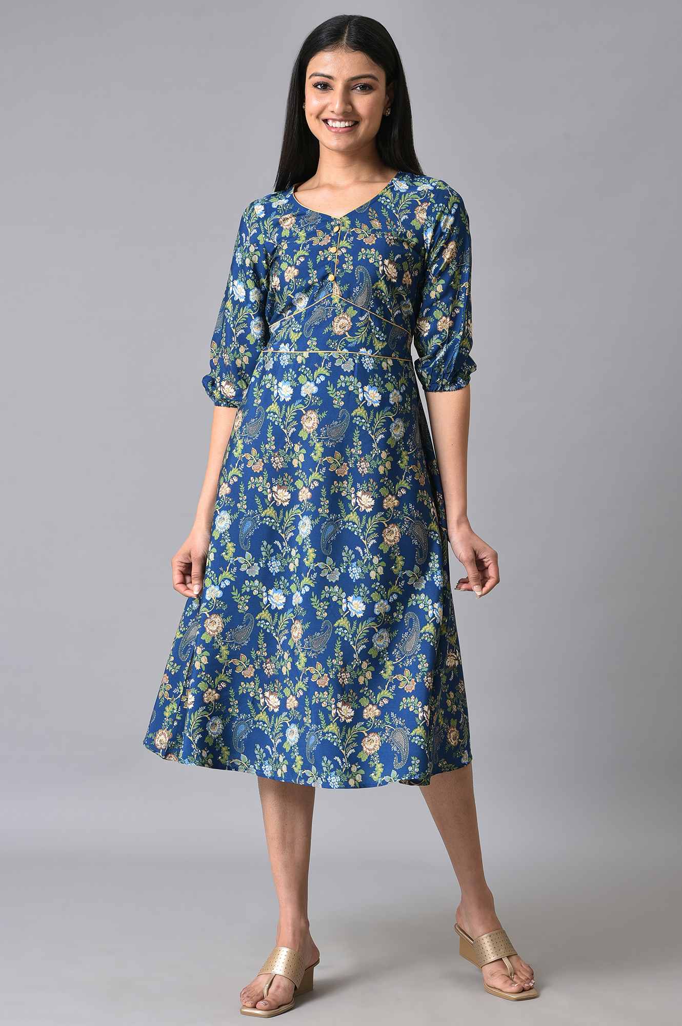 Blue Floral Printed A-Line Dress - Image 6