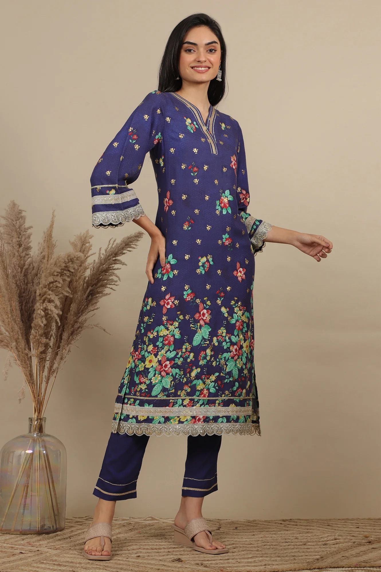 Blue Floral Printed A-line Kurta, Trousers and Dupatta Set - Image 6