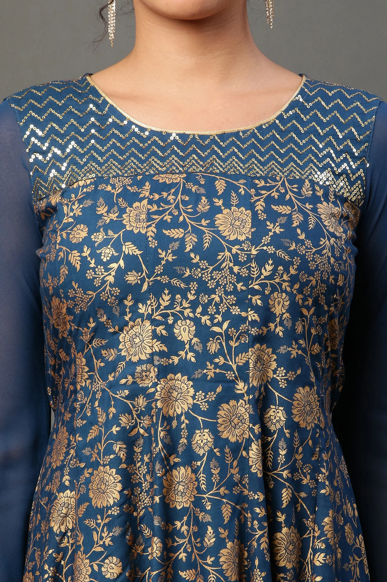 Blue Floral Printed Anarkali Festive Kurta - Image 5