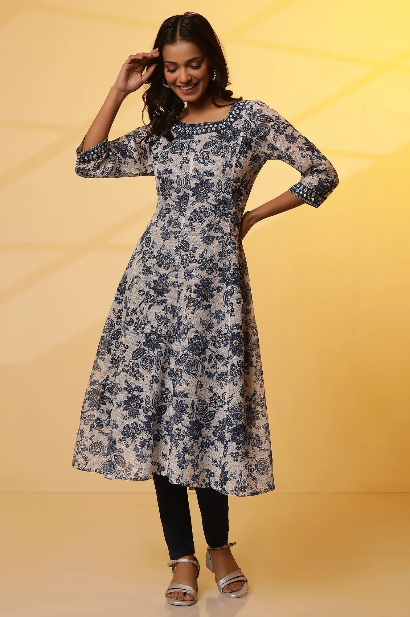 Blue Floral Printed Anarkali Kurta with Embroidered Neck - Image 2