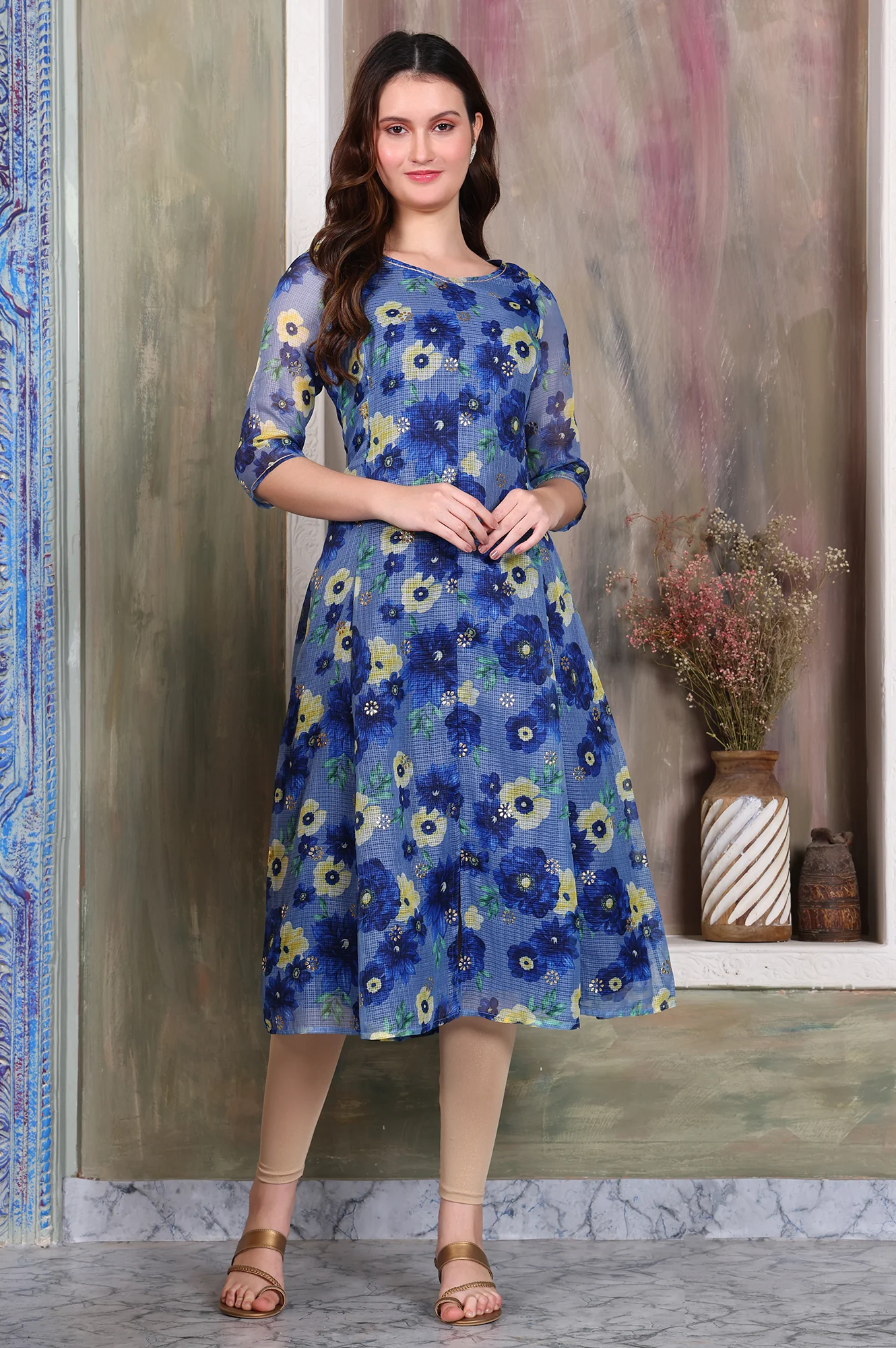 Blue Floral Printed Kota Anarkali Kurta with Gota Patti - Image 2