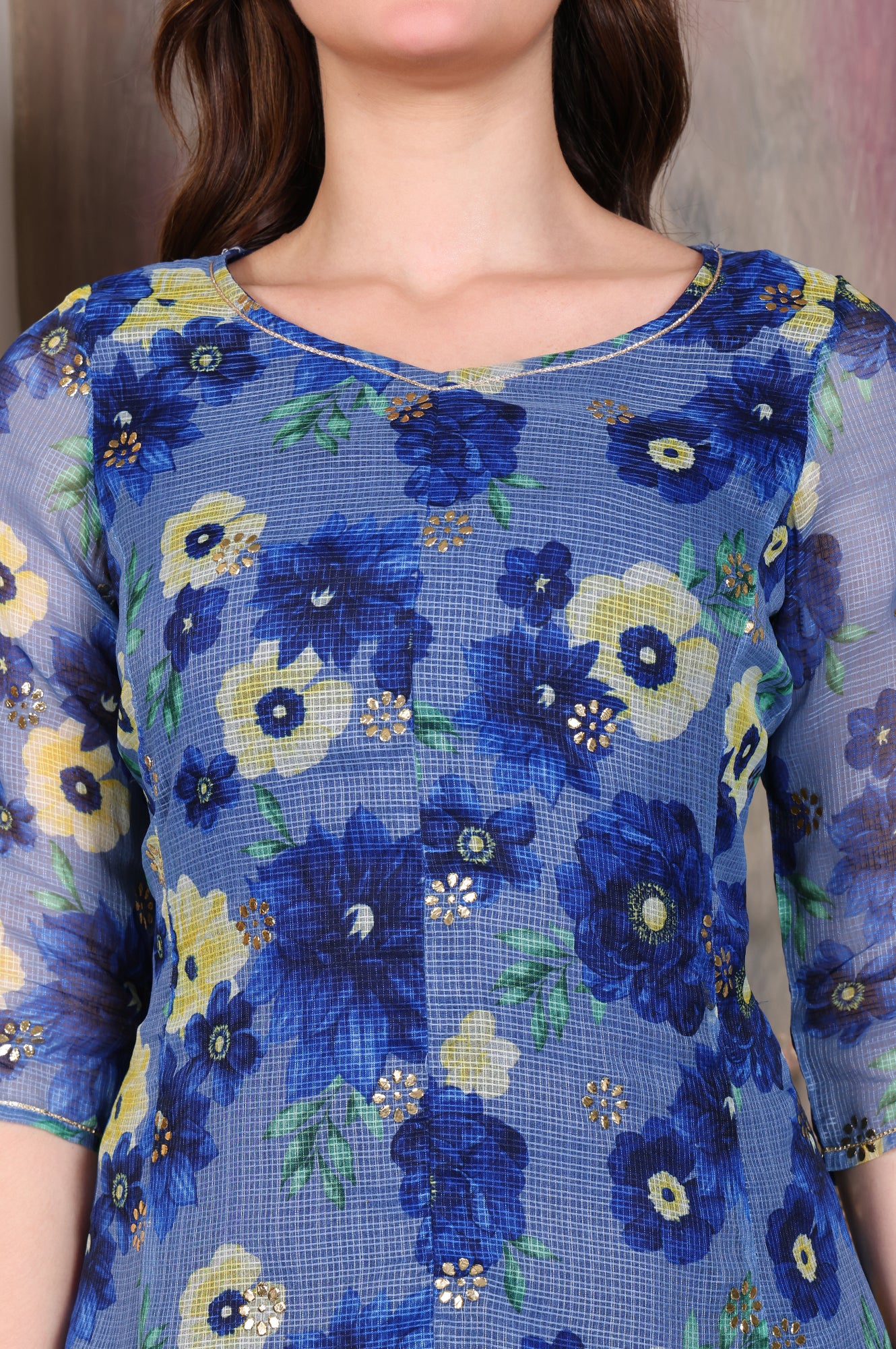 Blue Floral Printed Kota Anarkali Kurta with Gota Patti - Image 3