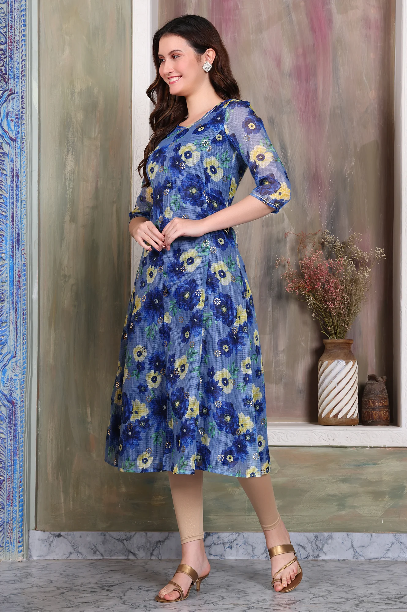 Blue Floral Printed Kota Anarkali Kurta with Gota Patti - Image 4