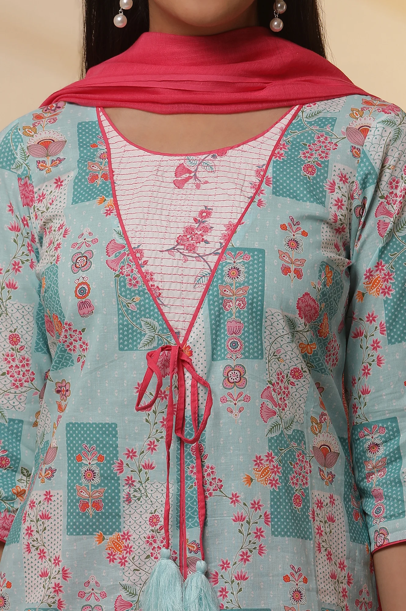 Blue Floral Printed Kurta, Tights and Dupatta Set - Image 6