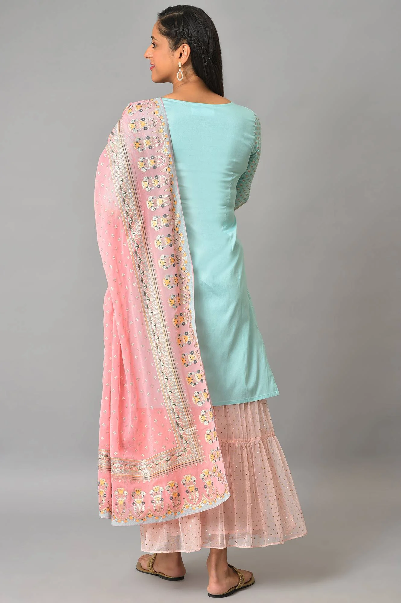 Blue Floral Printed Kurta With Pink Net Sharara And Dupatta - Image 2