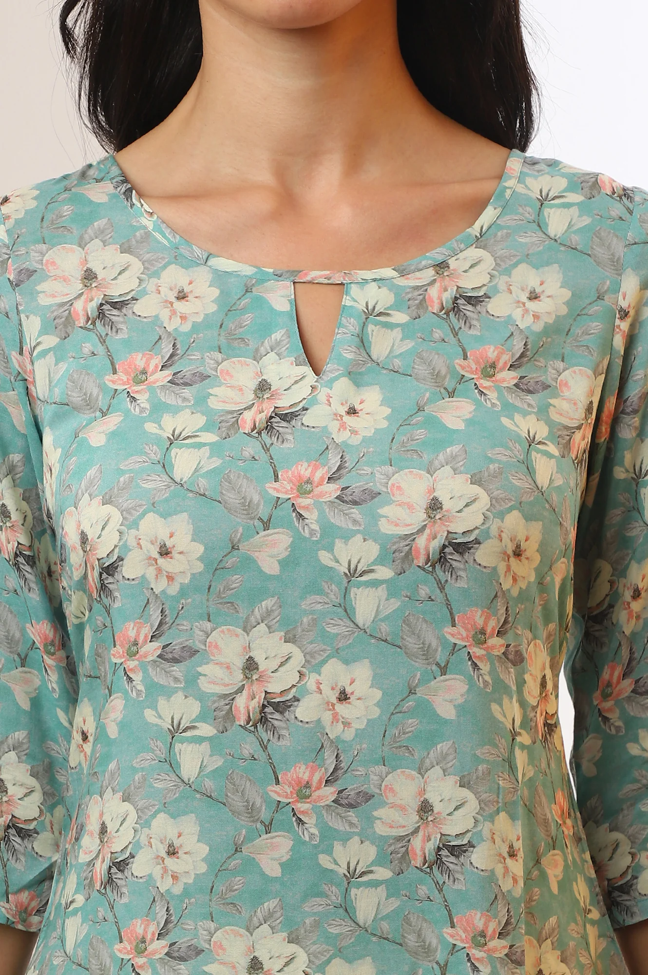 Blue Floral Printed Modal A-Line Kurta - Image 4