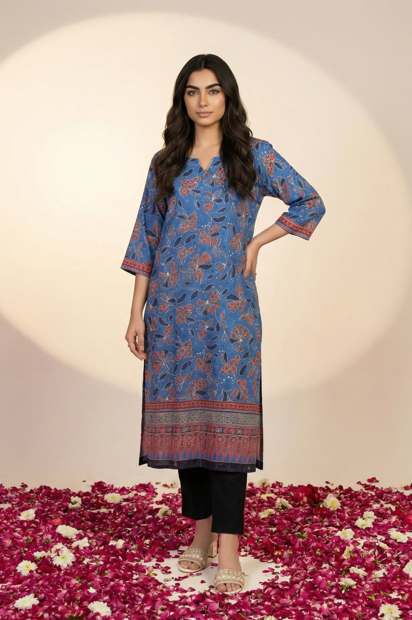 Blue Floral Printed Piping Straight Kurta
