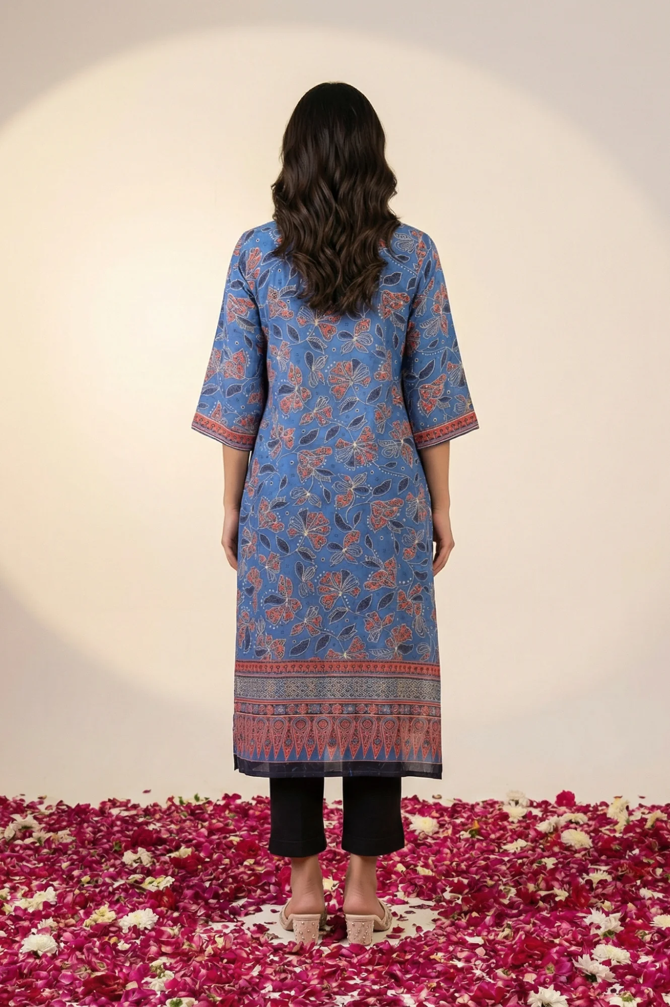 Blue Floral Printed Piping Straight Kurta - Image 4