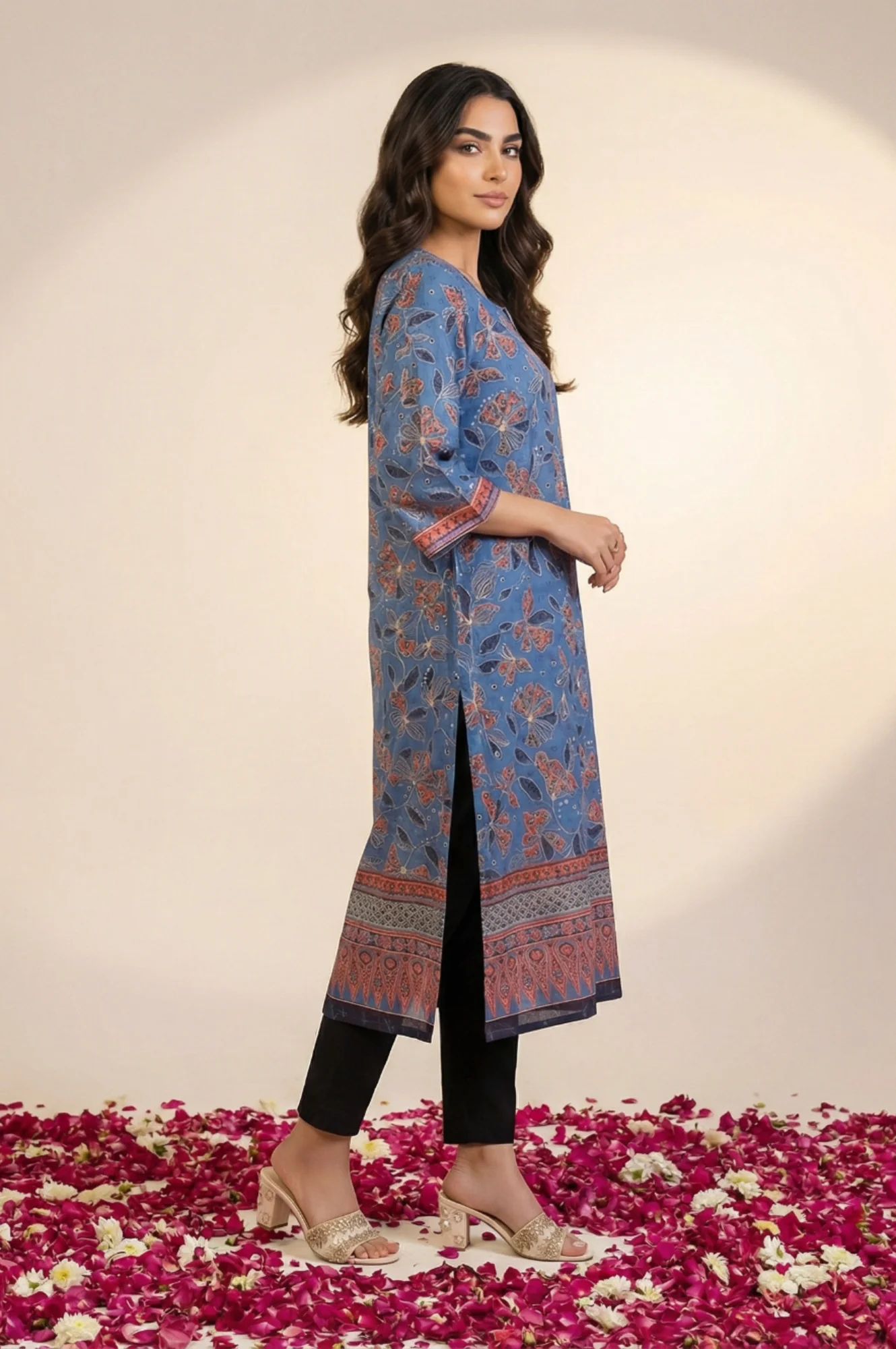 Blue Floral Printed Piping Straight Kurta - Image 5