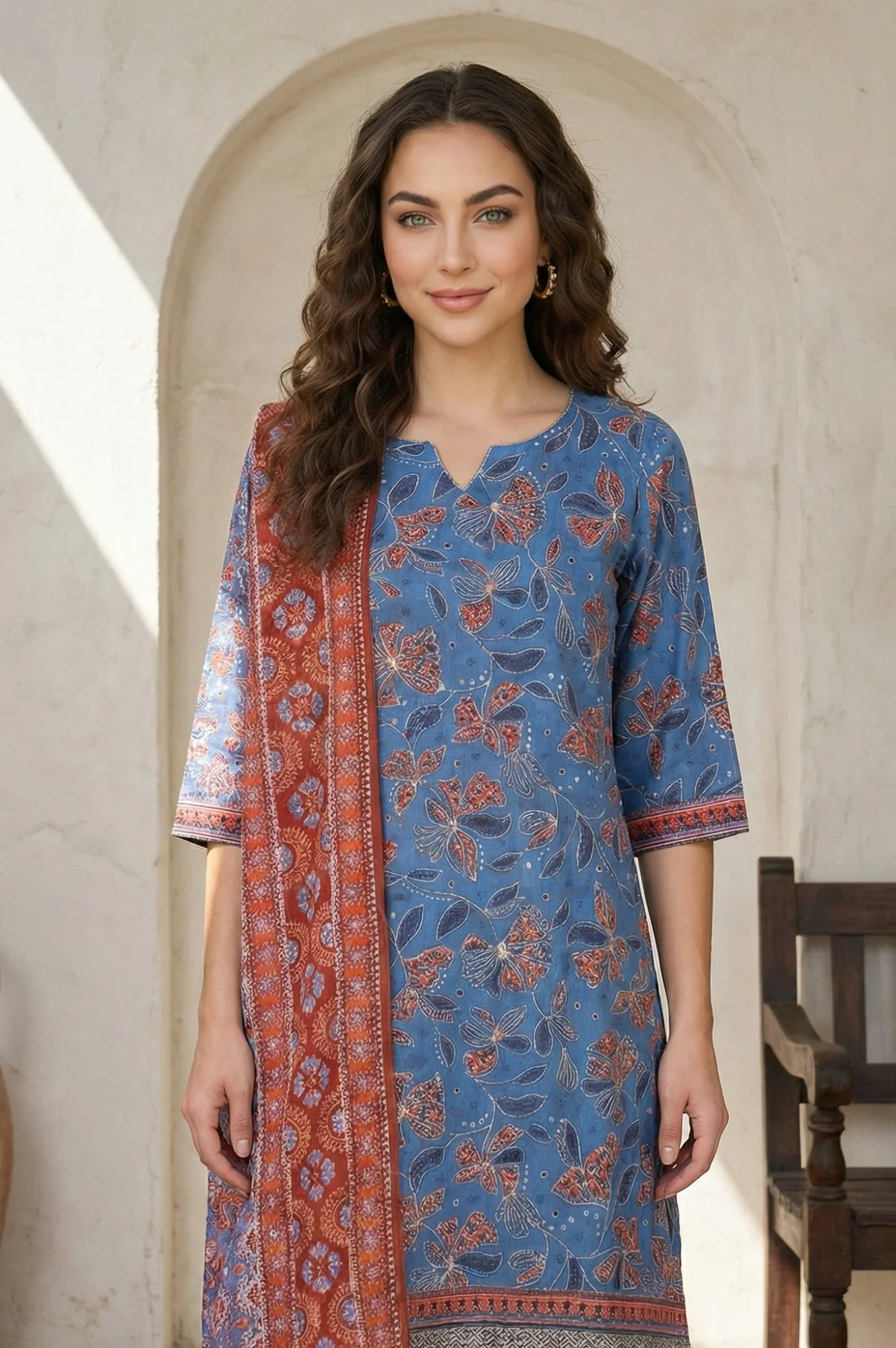 Blue Floral Printed Pure Cotton Dupatta - Image 5