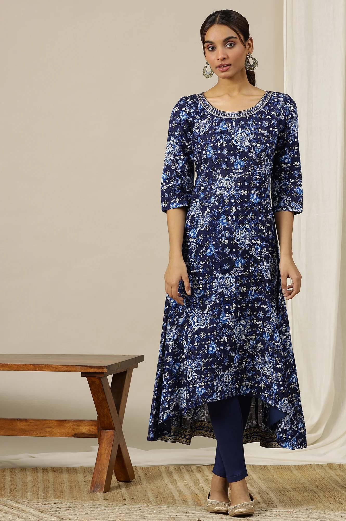 Blue Floral Printed Pure Cotton Flared Kurta with Zari Neckline - Image 2