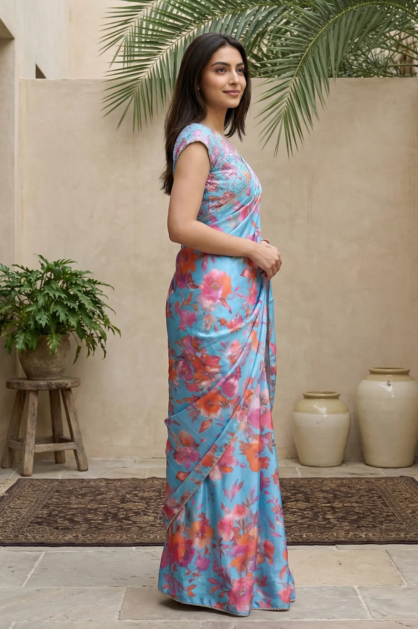 Blue Floral Printed Saree with Petticoat and Stitched Blouse Set - Image 5