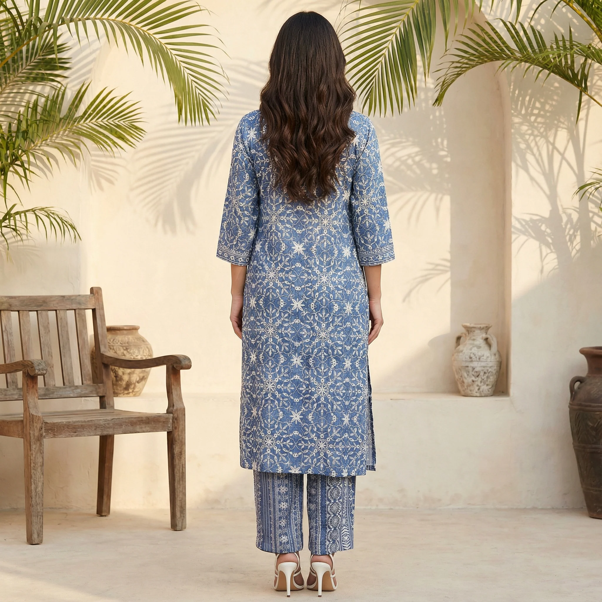 Blue Floral Printed Straight Kurta and Palazzo Set - Image 6