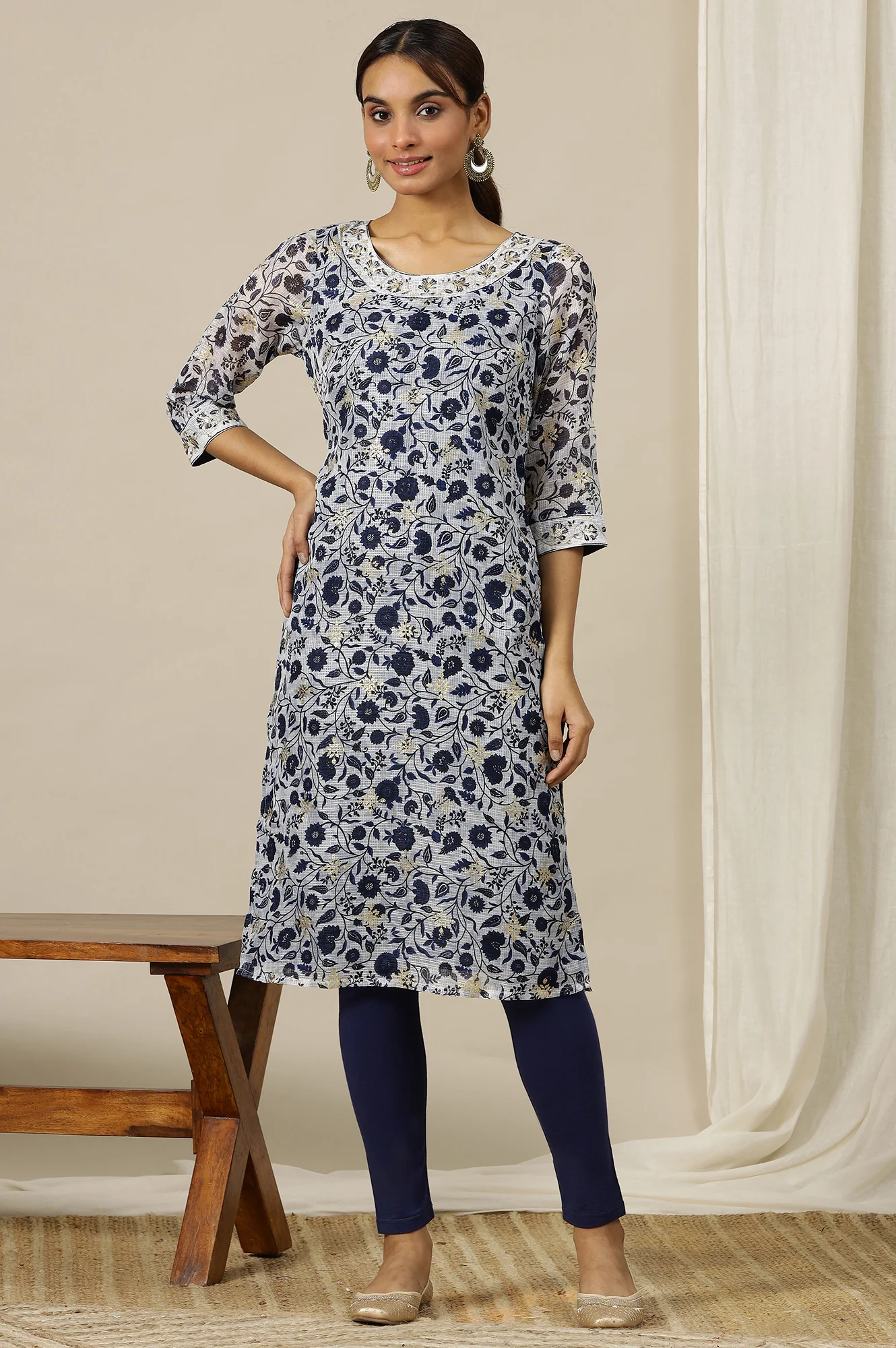 Blue Floral Zari Straight Kota Kurta - Image 2
