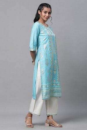 Blue Foil Printed Embellished Kurta, Pants and Dupatta Set - Image 3