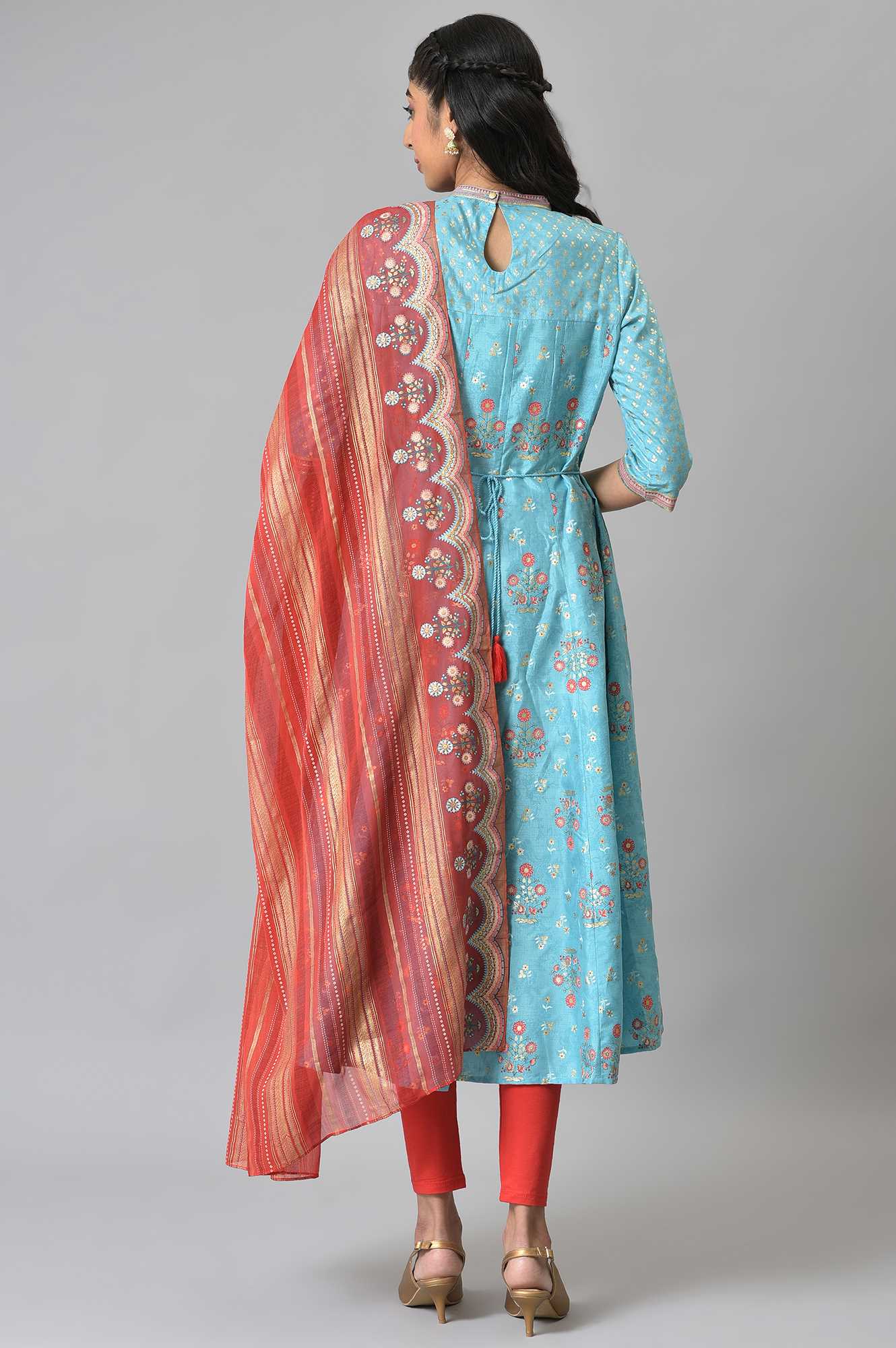 Blue Foil Printed Kurta with Red Tights and Printed Dupatta Set - Image 2