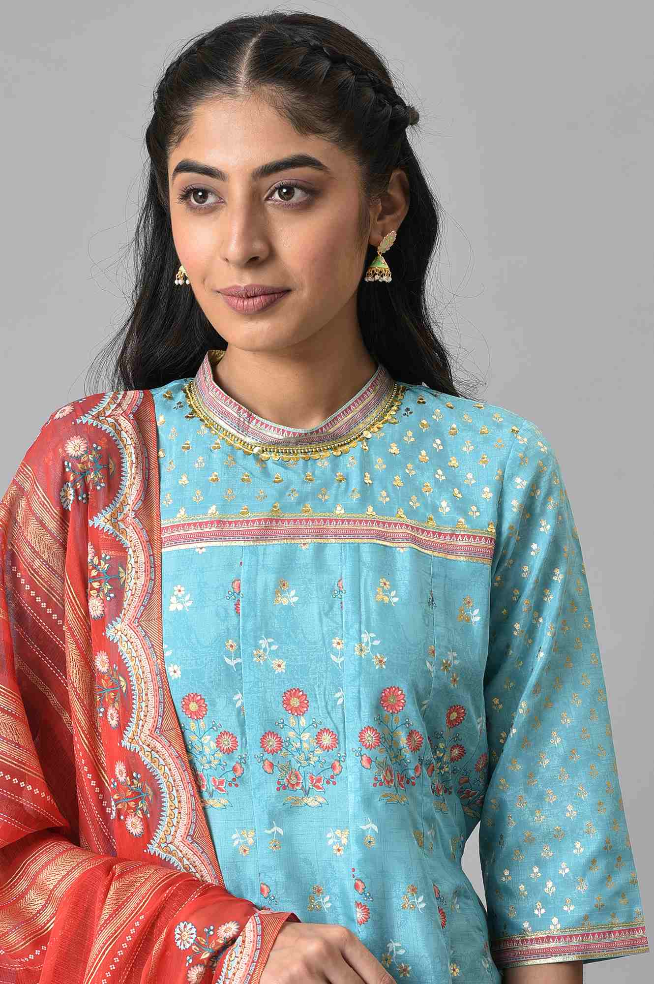Blue Foil Printed Kurta with Red Tights and Printed Dupatta Set - Image 5