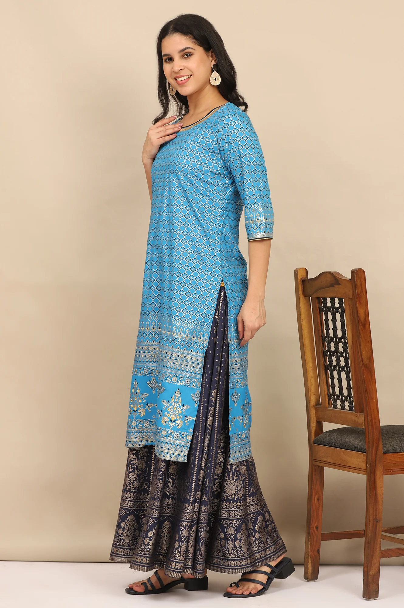 Blue Foil Printed Straight Kurta and Skirt Set with Dupatta - Image 4
