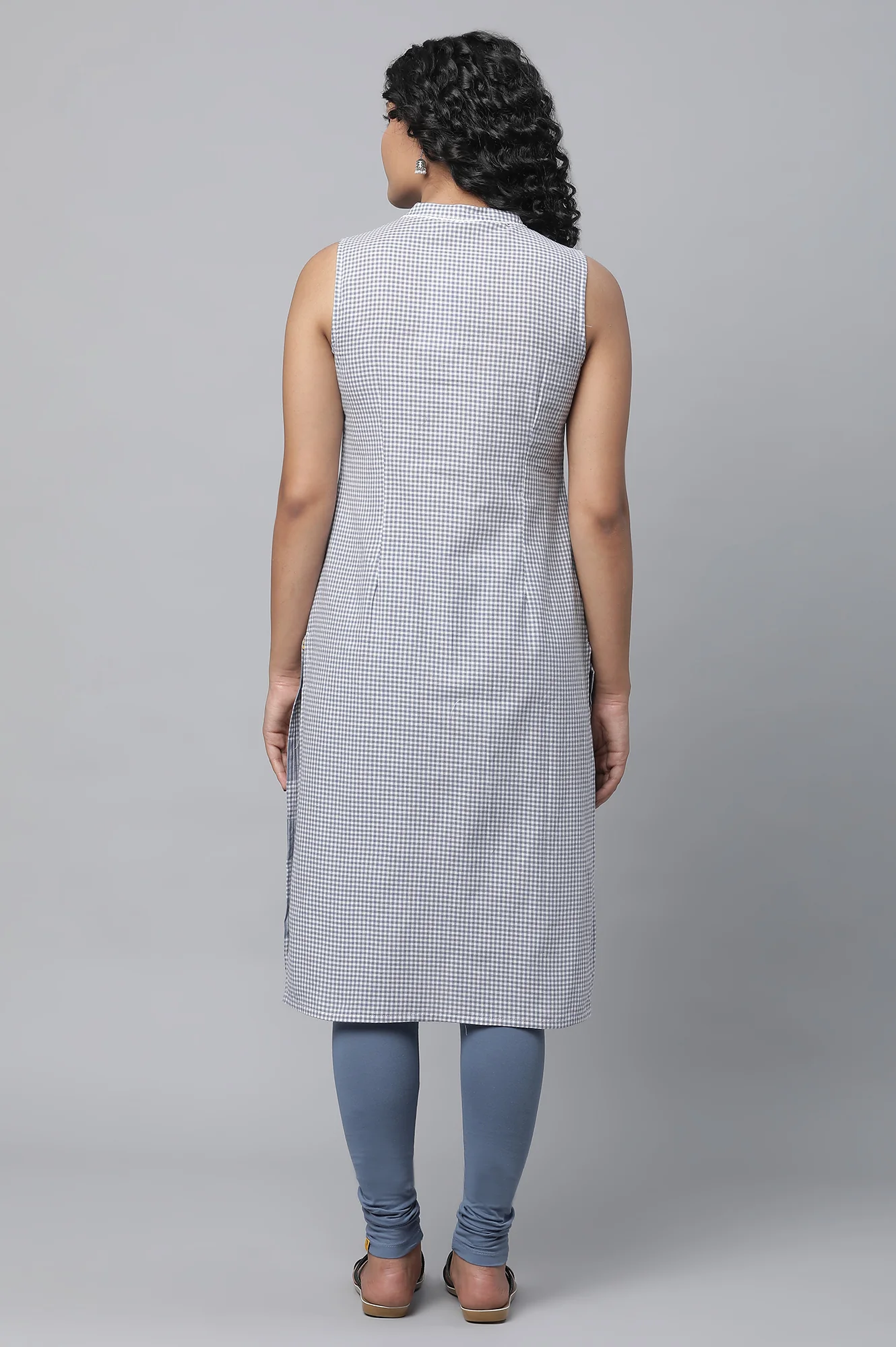 Blue Ghimgham Check kurta & Tights Set - Image 2