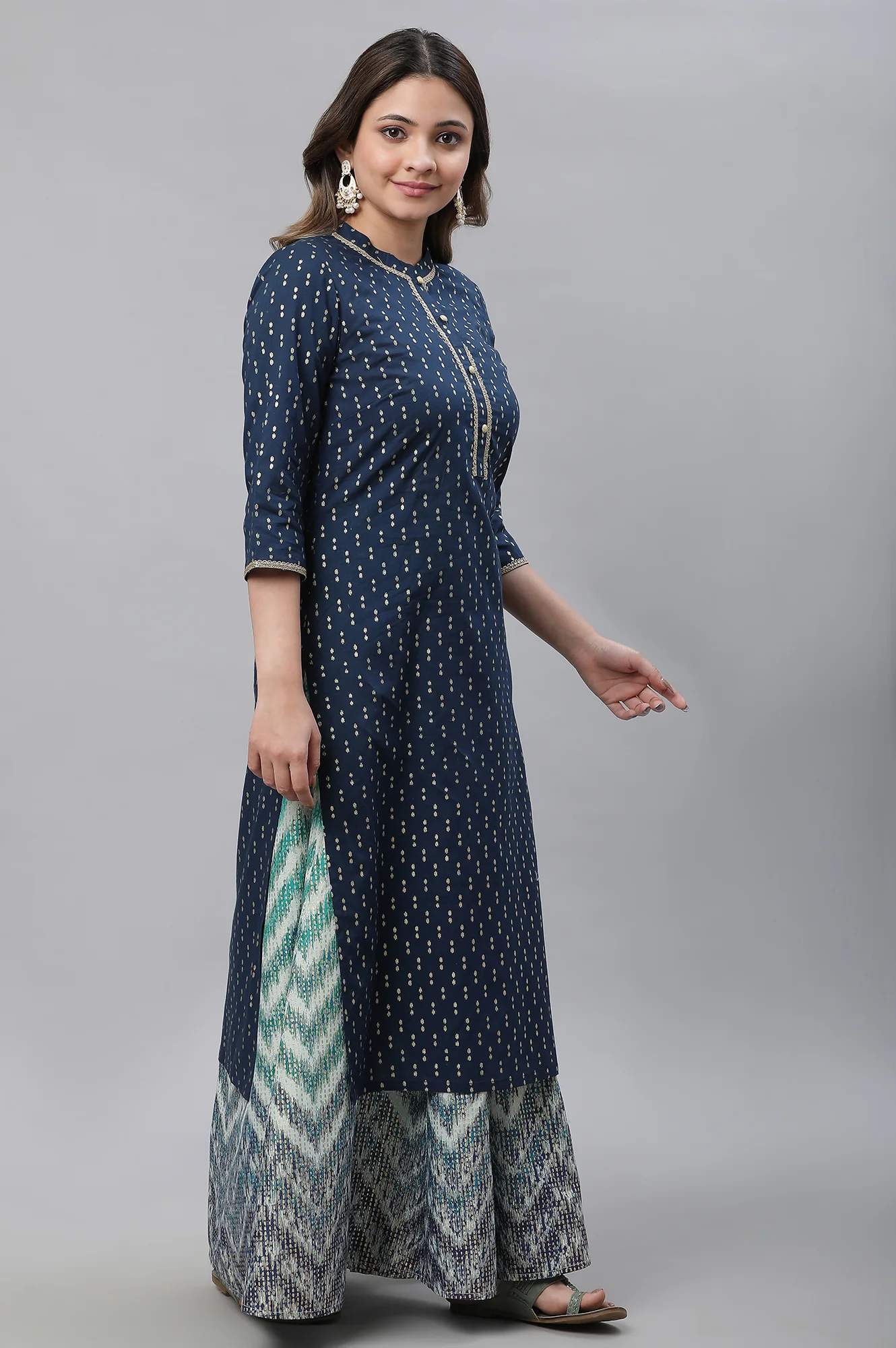 Blue Ikat Foil Printed Embellished Kurta - Image 5
