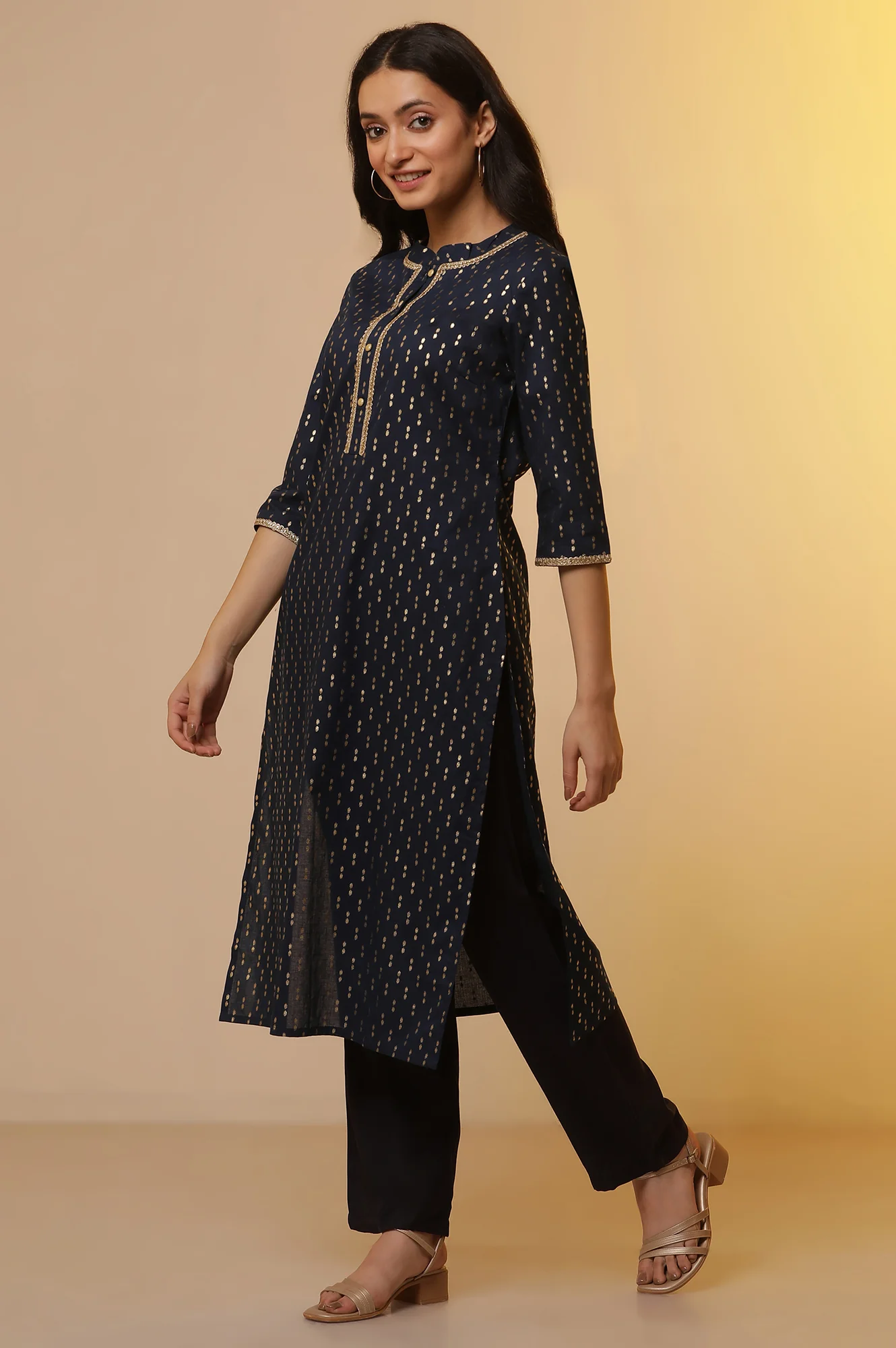 Blue Ikat Foil Printed Kurta, Palazzo and Dupatta Set - Image 3