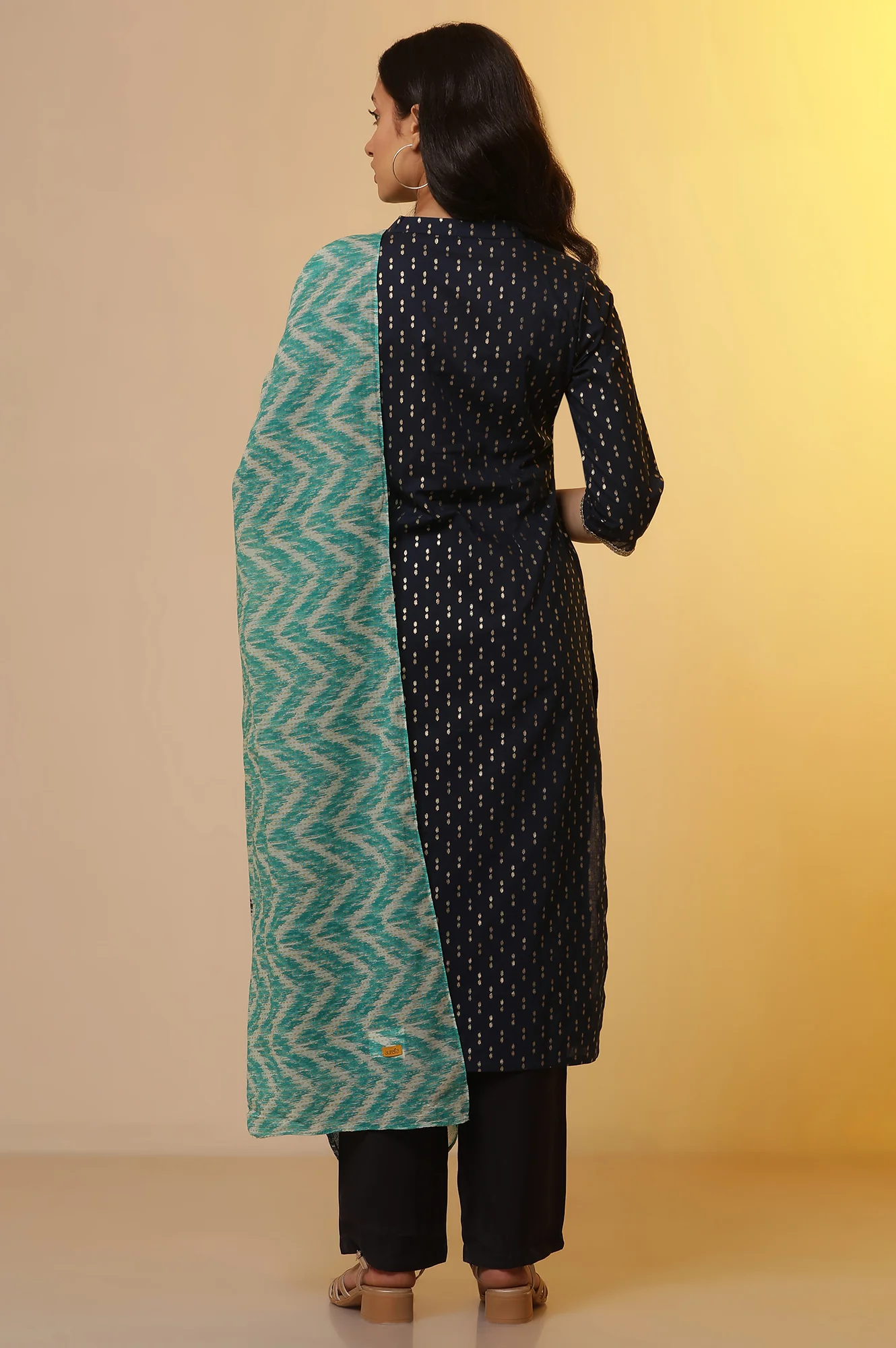 Blue Ikat Foil Printed Kurta, Palazzo and Dupatta Set - Image 4