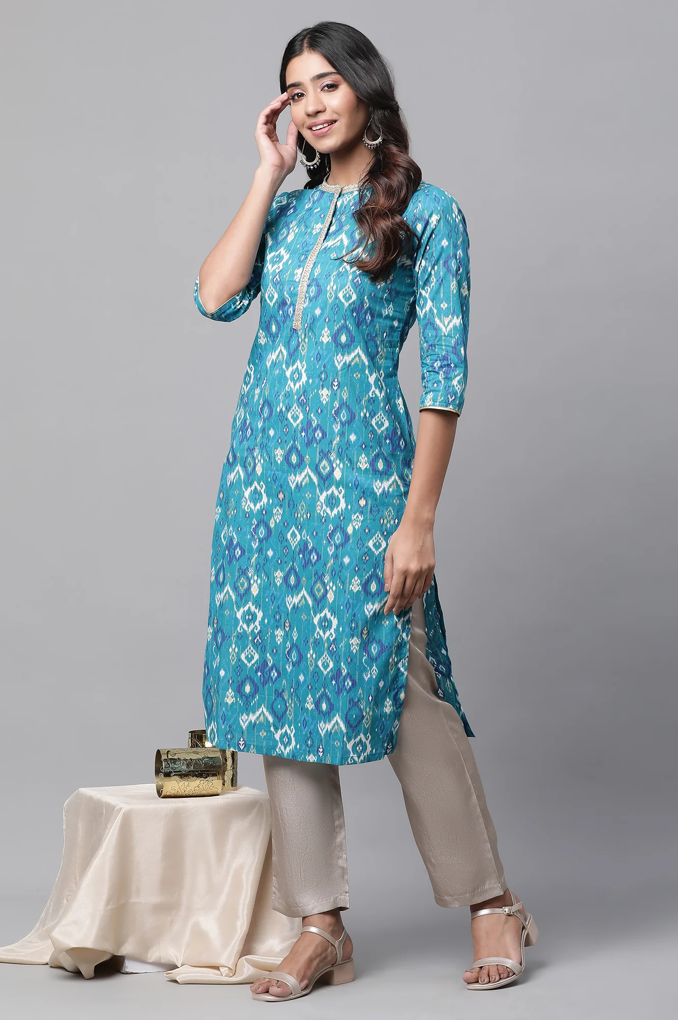 Pink V-Neck Short Rayon Kurti with Blue Stripes - Image 2