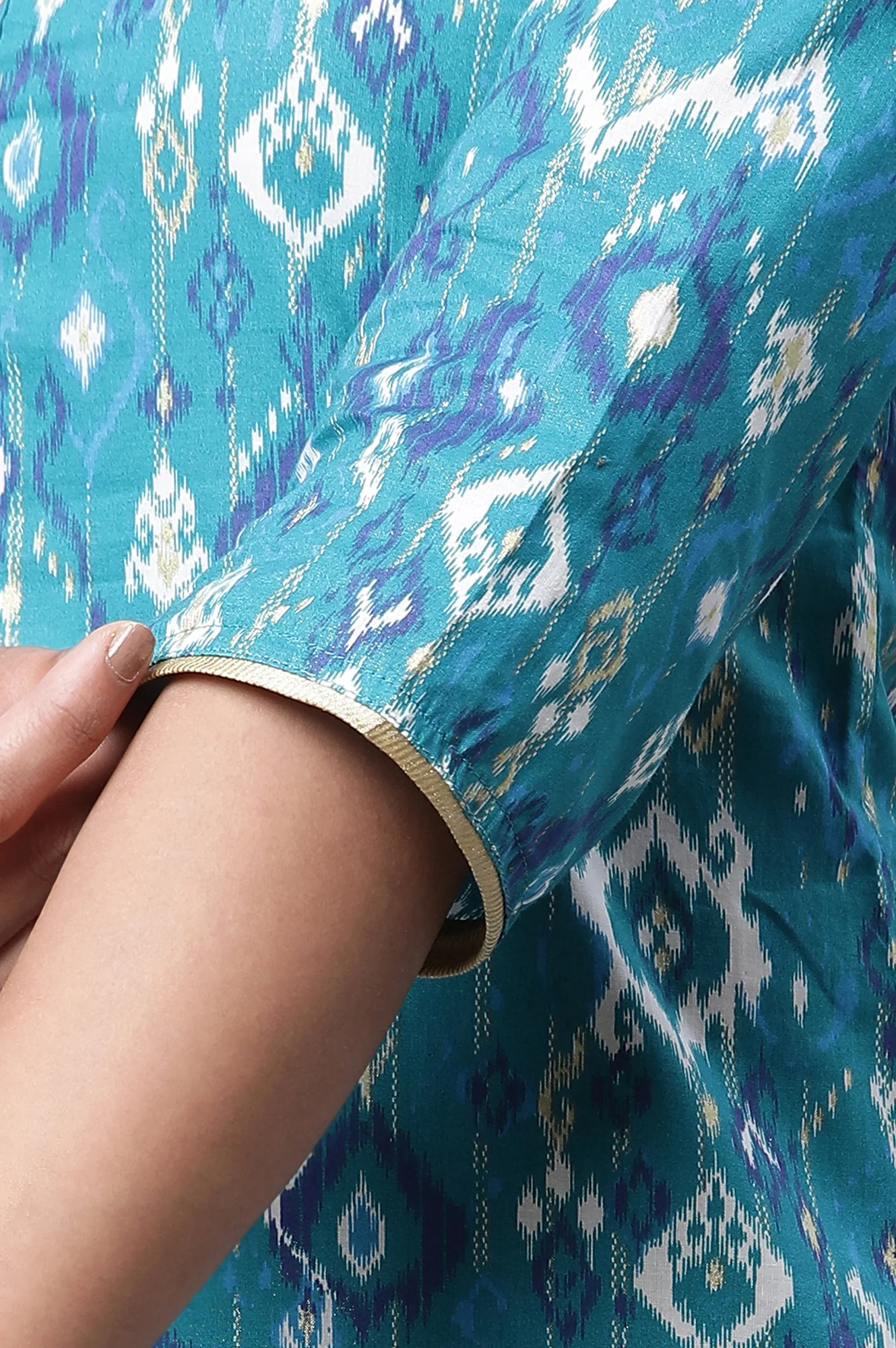 Pink V-Neck Short Rayon Kurti with Blue Stripes - Image 8