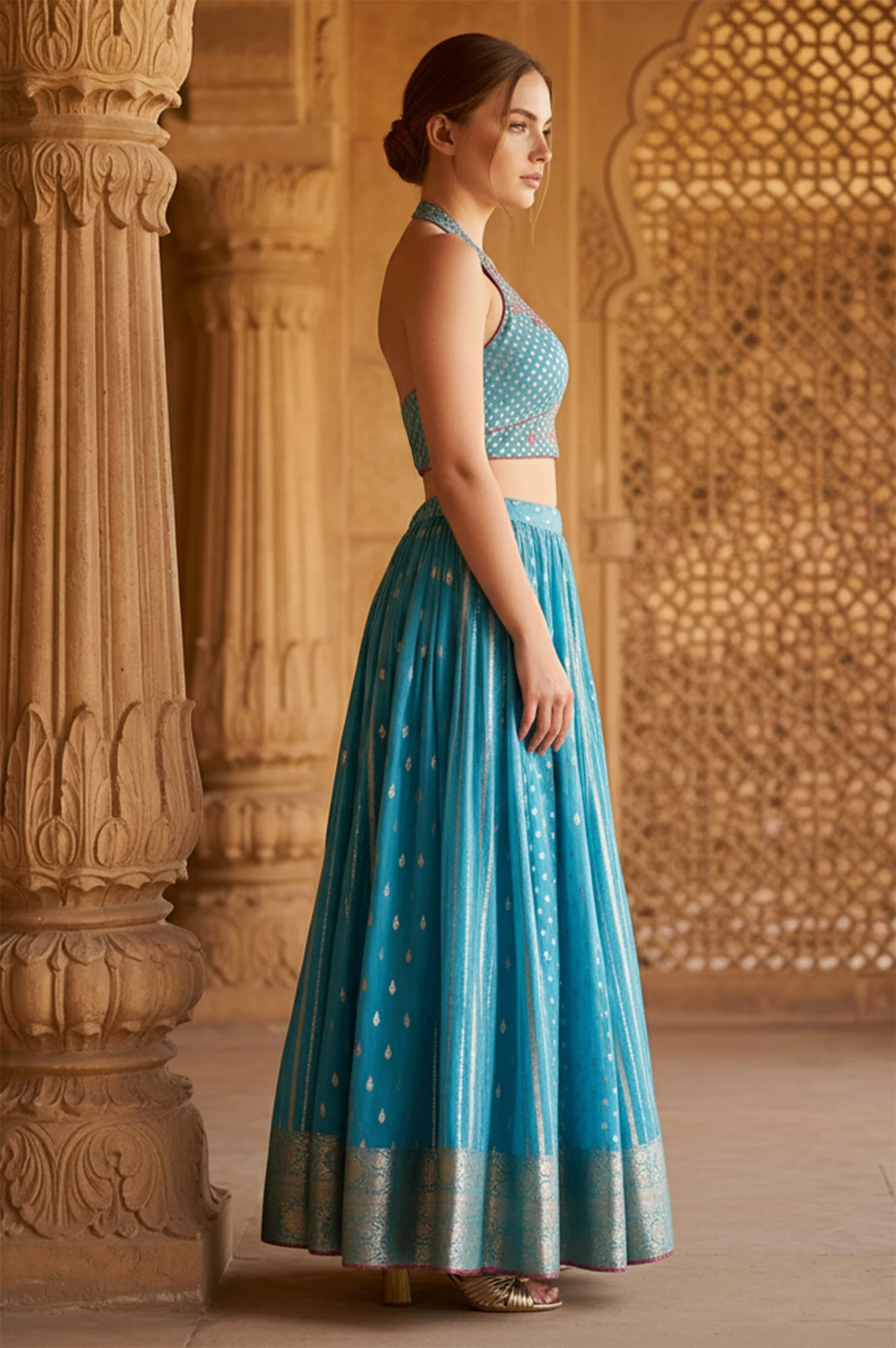 Blue Jacquard Blouse with Flared Skirt and Dupatta Set - Image 5