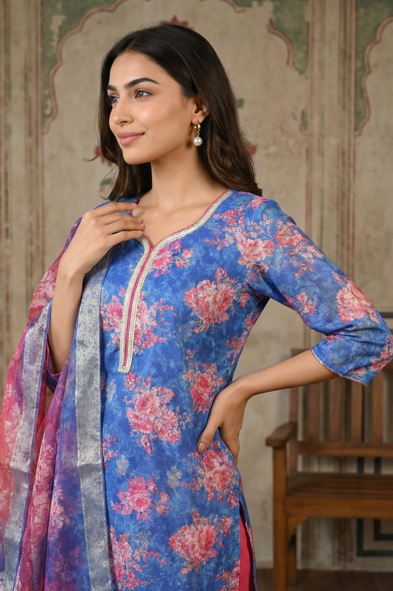 Blue Jacquard Zari Lace Straight Kurta with Trousers and Dupatta Set - Image 2