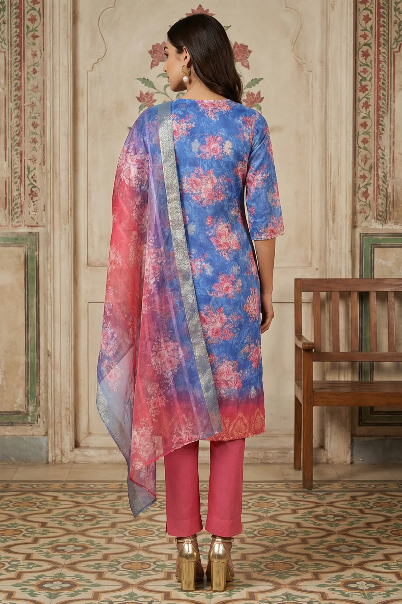 Blue Jacquard Zari Lace Straight Kurta with Trousers and Dupatta Set - Image 4