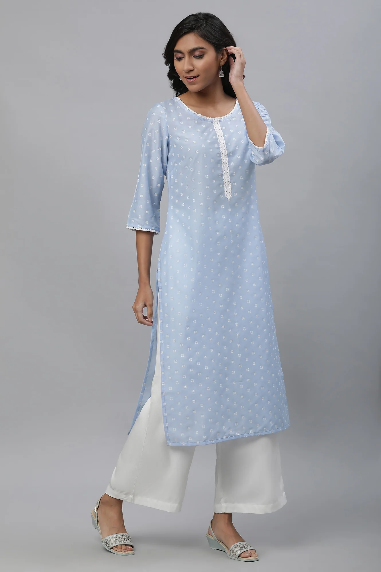 Blue Lace Work Straight Kurta - Image 5