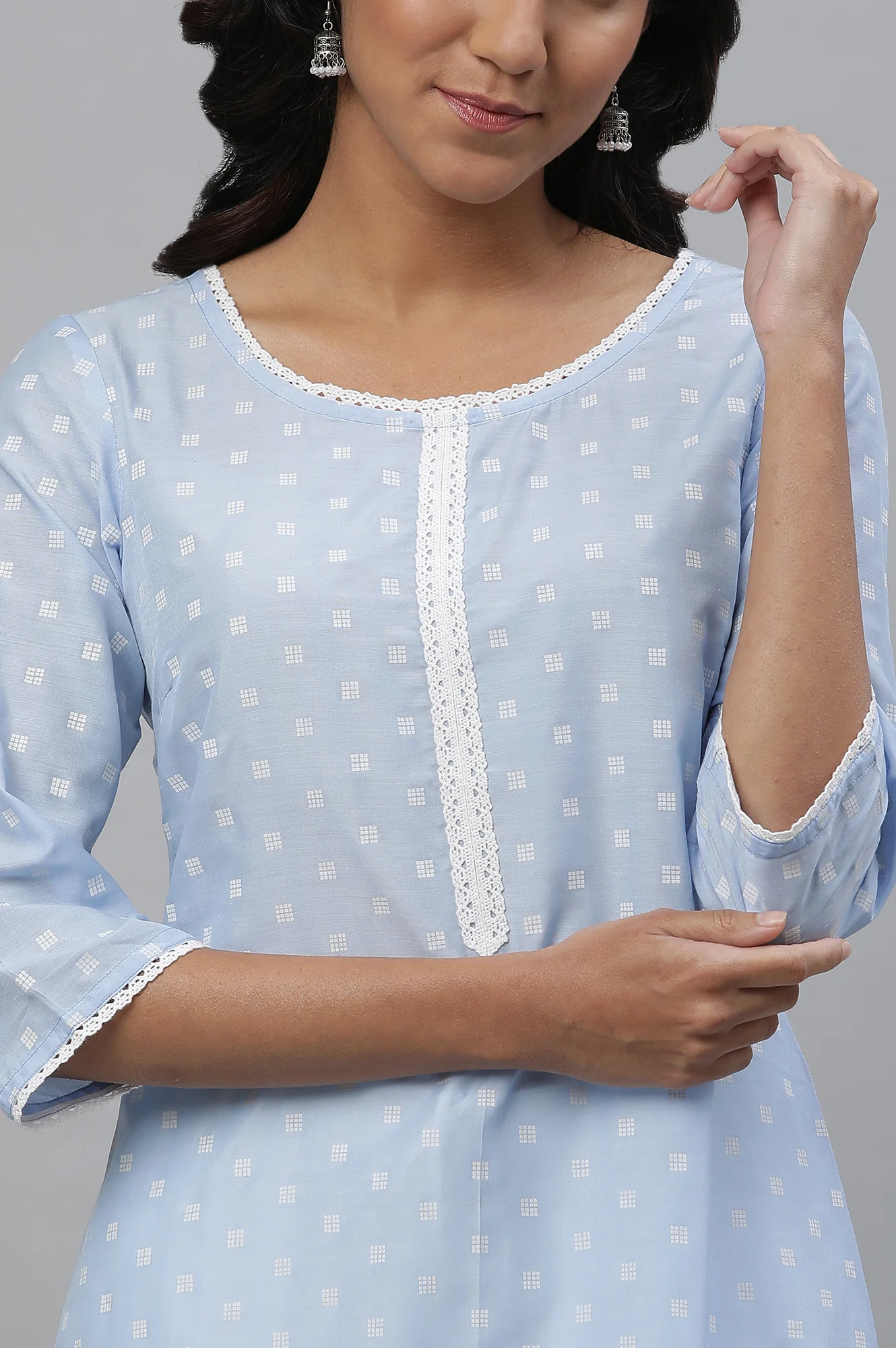 Blue Lace Work Straight Kurta - Image 6