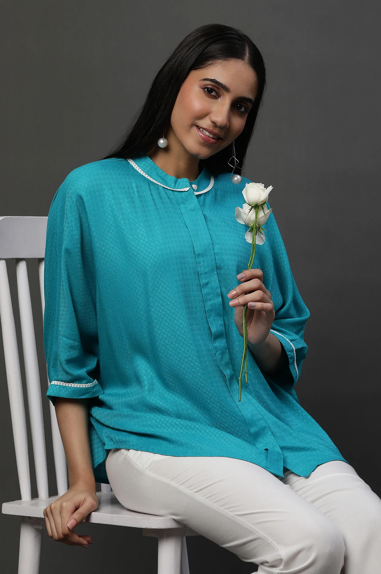 Blue Loose Fit Top with Lace Detailing - Image 6
