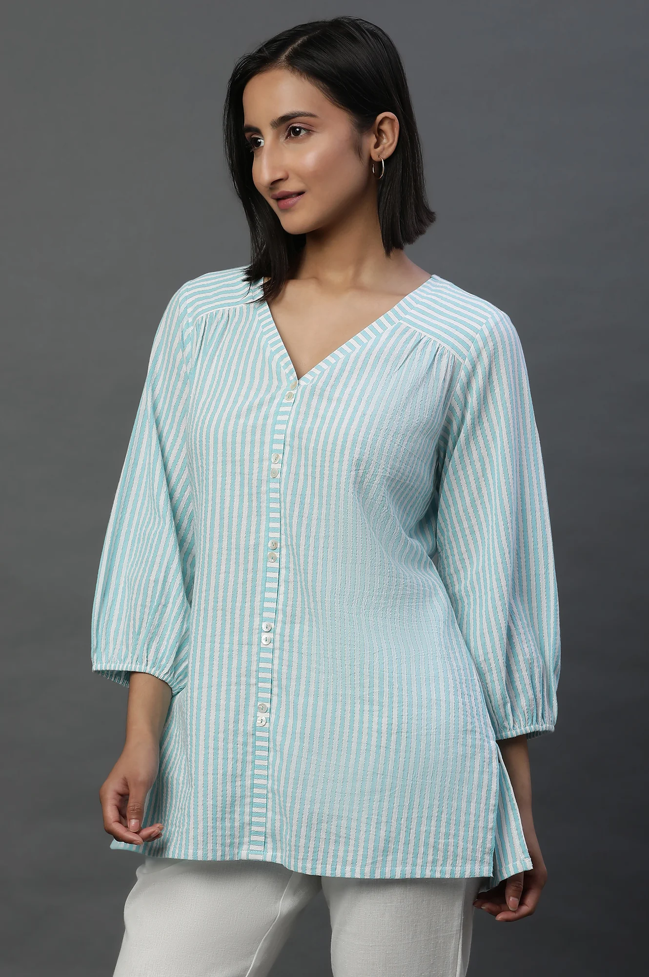 Blue Lurex Crepe Stripe Short Kurti - Image 2