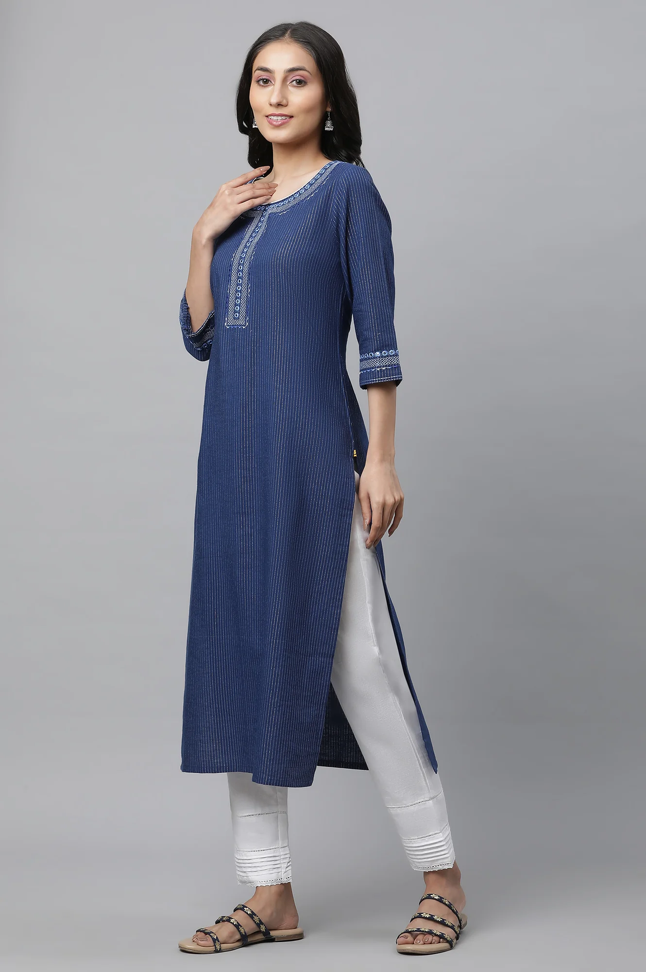 Blue Lurex Stripe Kurta with Embroidery - Image 3