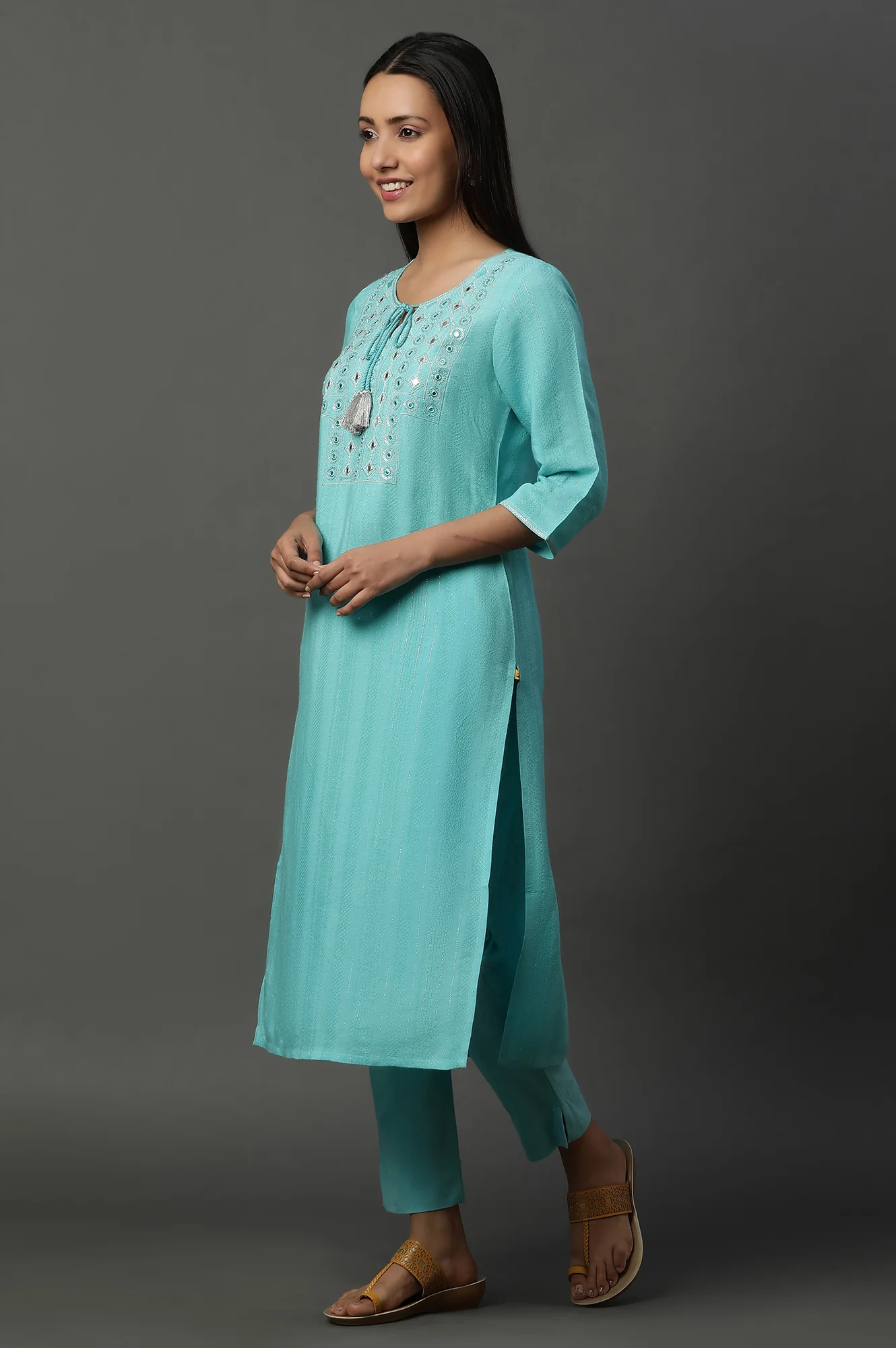 Blue Mirror Embroidered Straight Kurta - Image 3