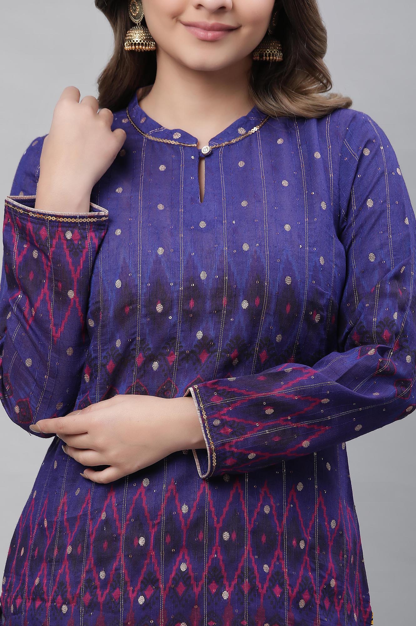 Blue Ombre Ikkat Printed Embellished Kurta - Image 6