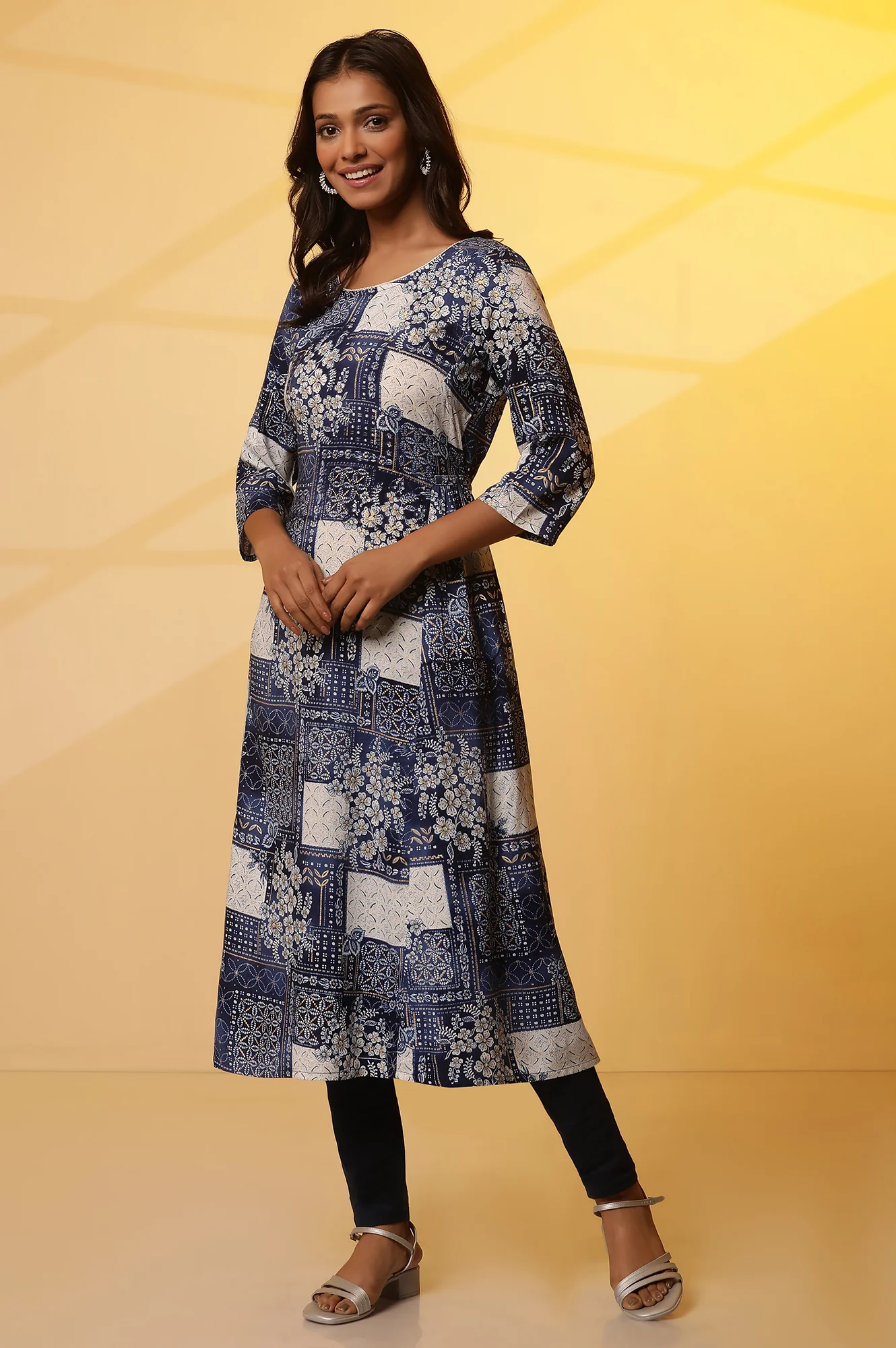 Blue Patch Printed Flared Kurta - Image 3