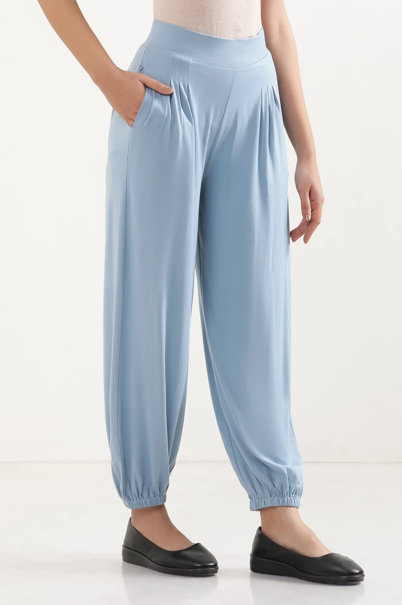 Light Blue Solid Pleated Harem Pants - Image 5