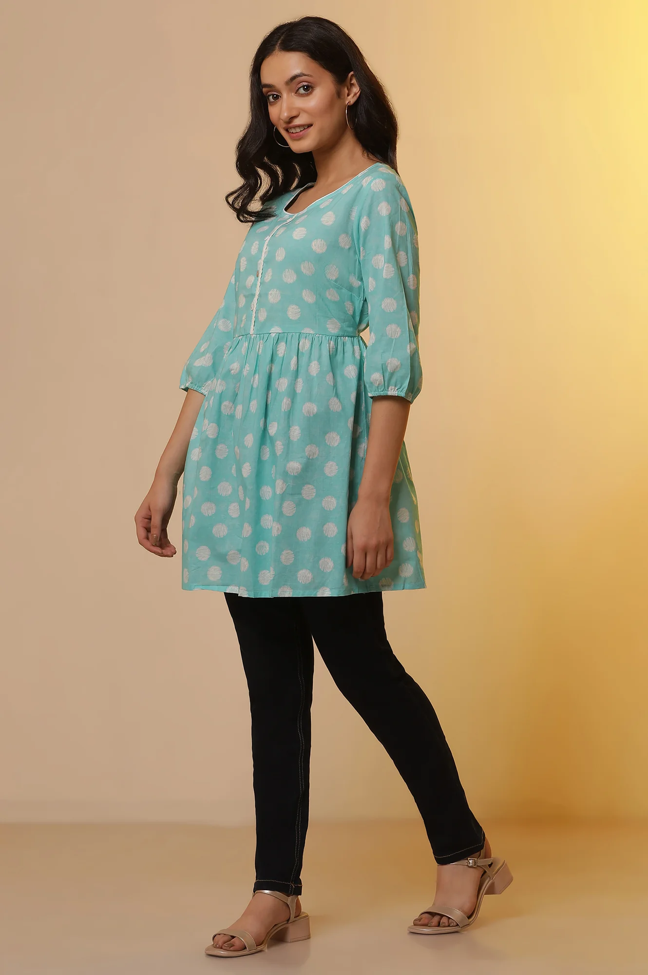 Blue Polka Dot Cotton Short Kurti and Denim Jeggings Set - Image 3