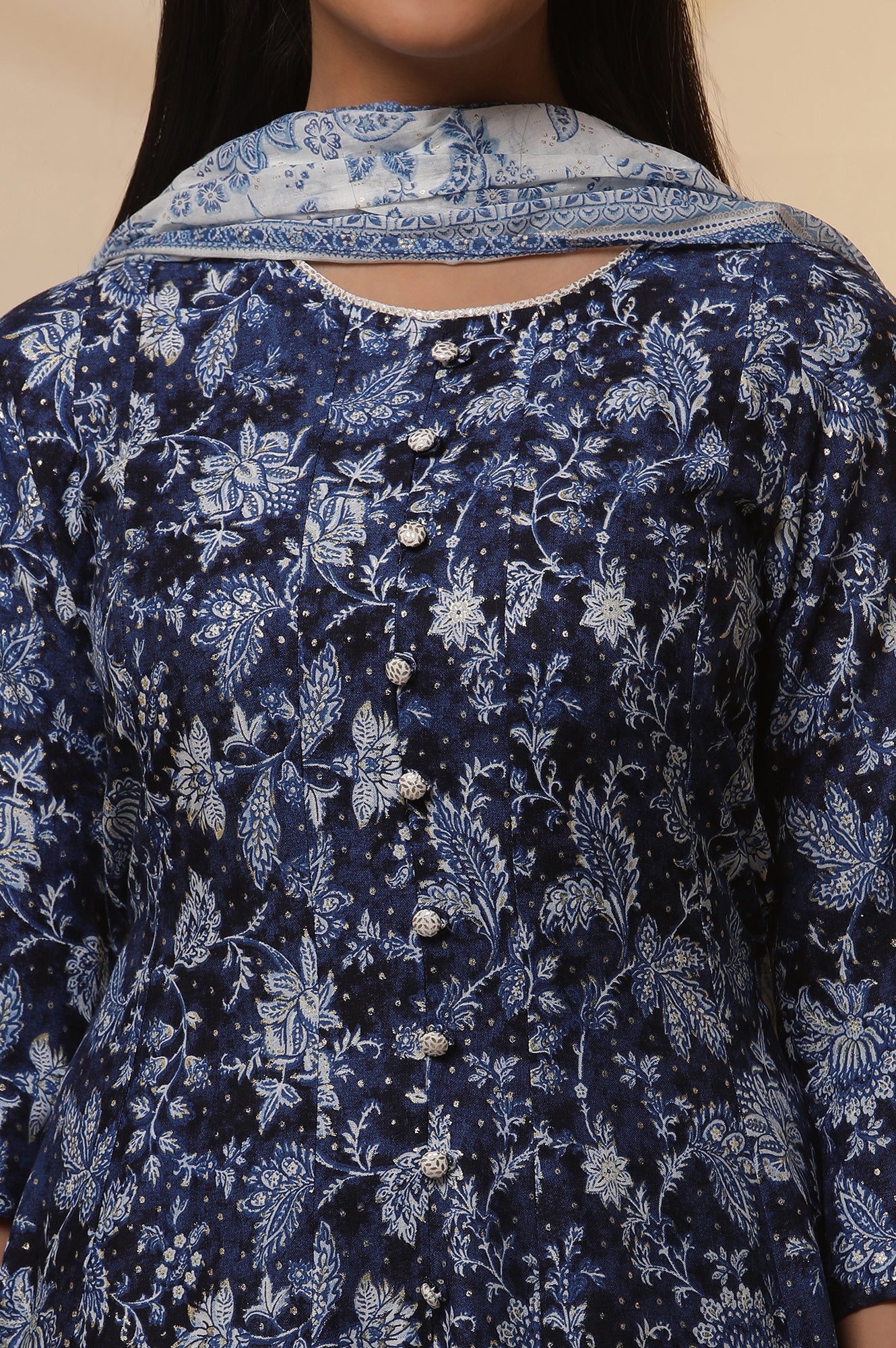 Blue Printed Anarkali Kurta, Tight and Dupatta Set - Image 6
