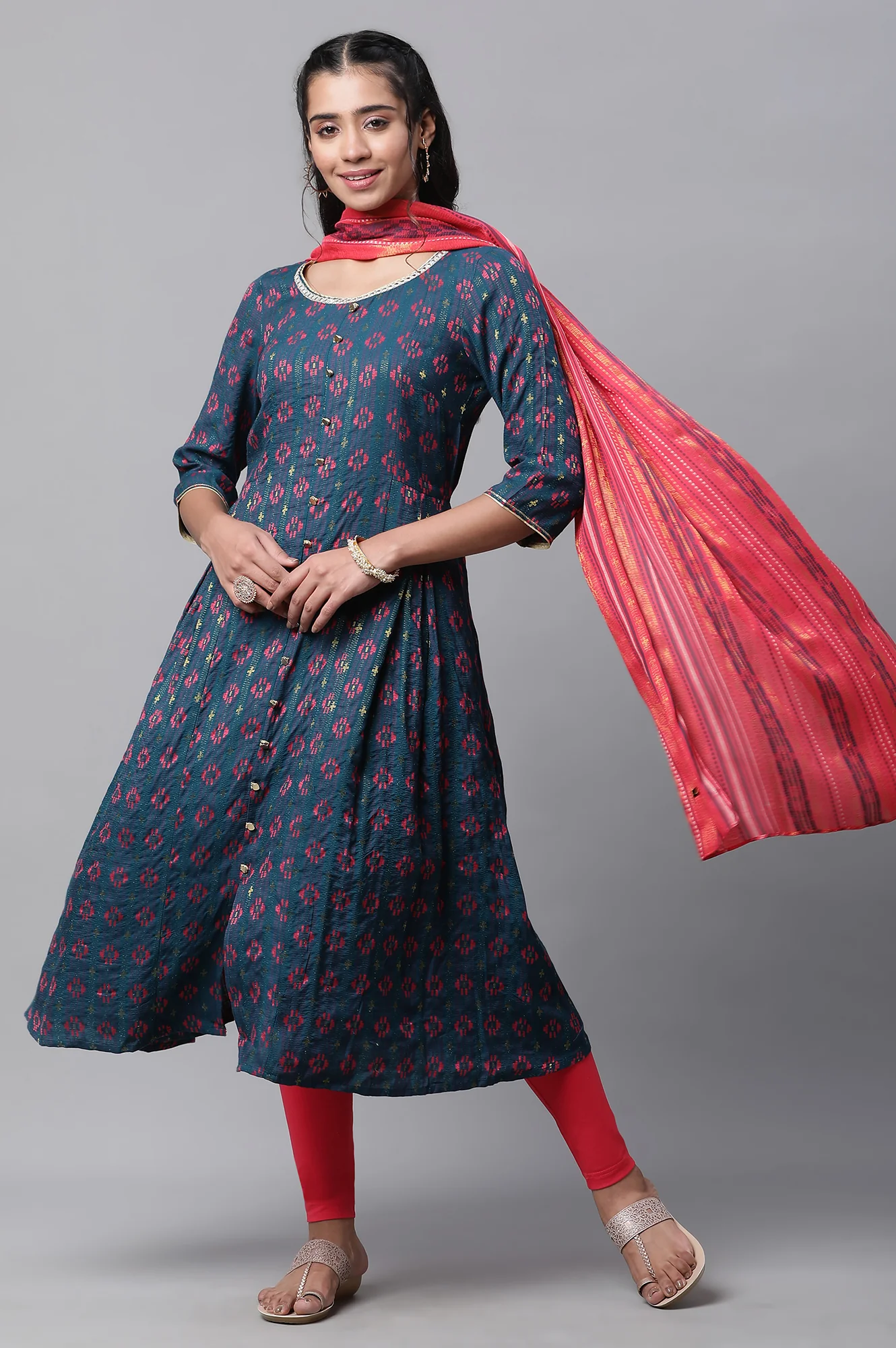 Blue Printed Flared Kurta Tights and Dupatta Set - Image 2